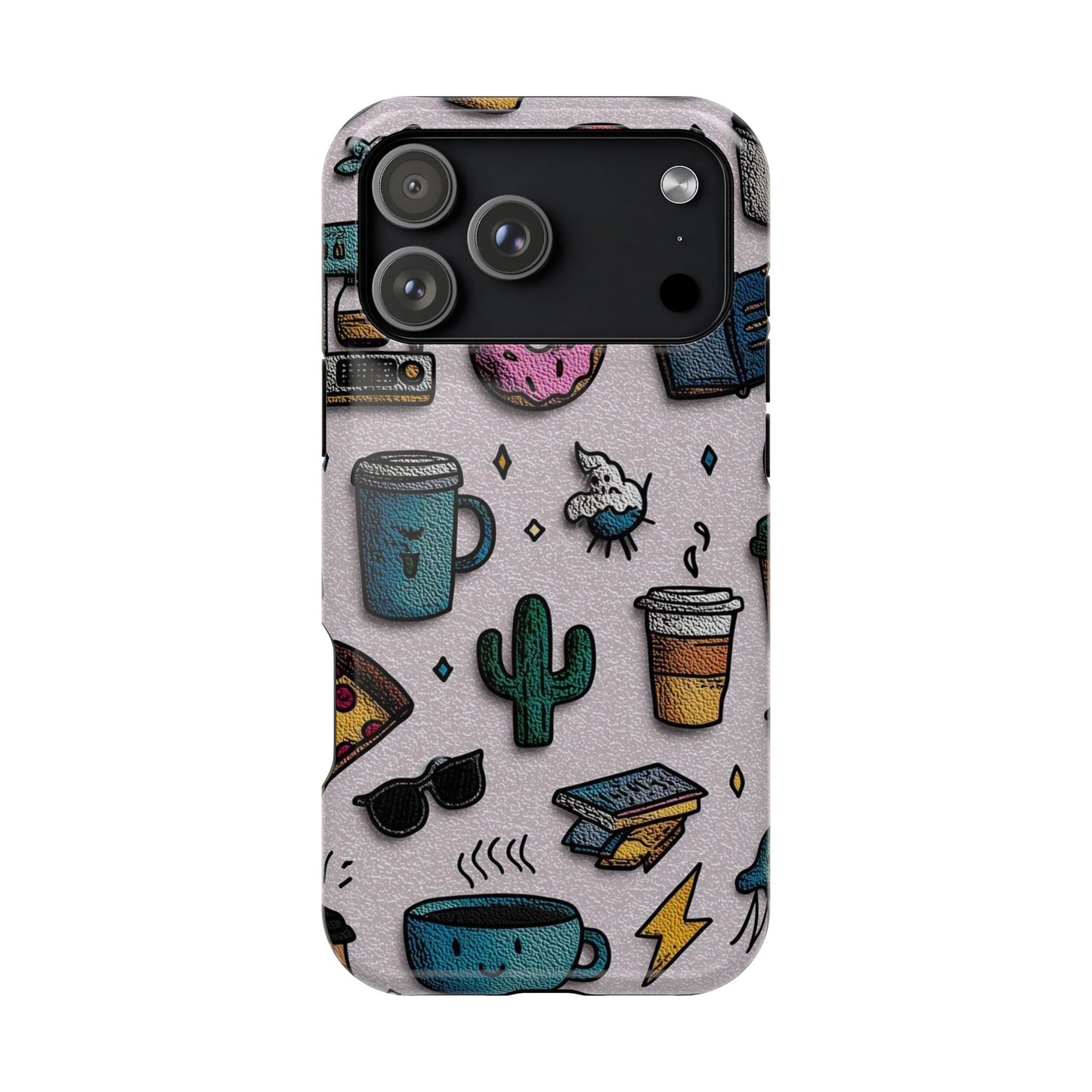 Cute Doodle Phone Case — Magnetic Impact-Resistant Design (coffee, rainbow, cactus)