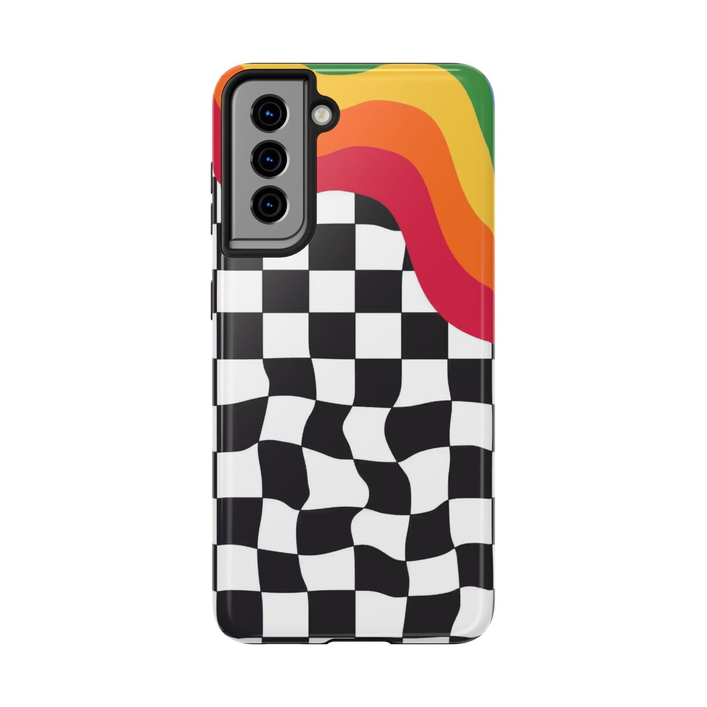 Retro Wavy Checkerboard Tough Phone Case — Rainbow Surf Skate Design