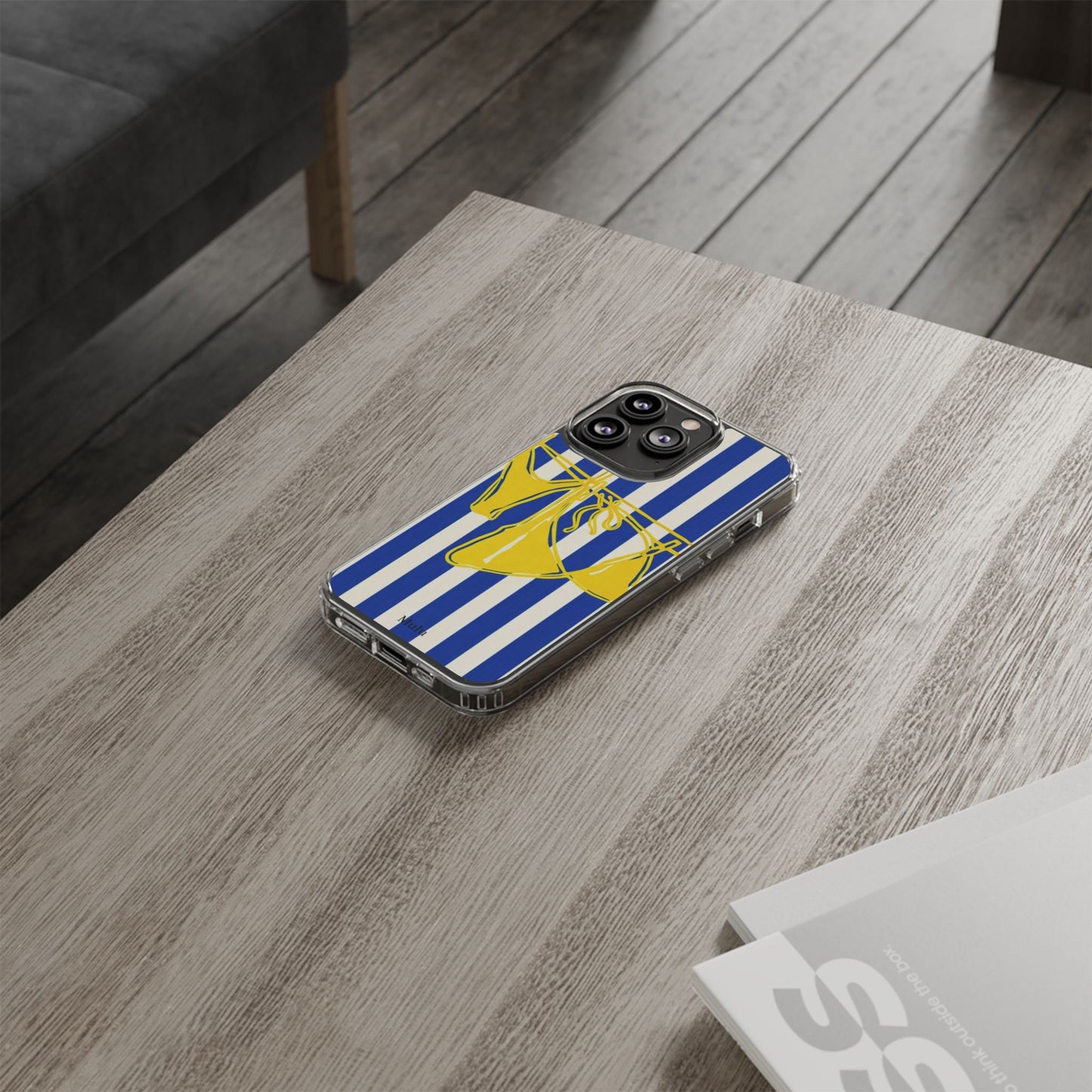 Striped Beach Bikini Phone Case — Yellow Swimwear on Blue & White Stripes, Clear Impact-Resistant