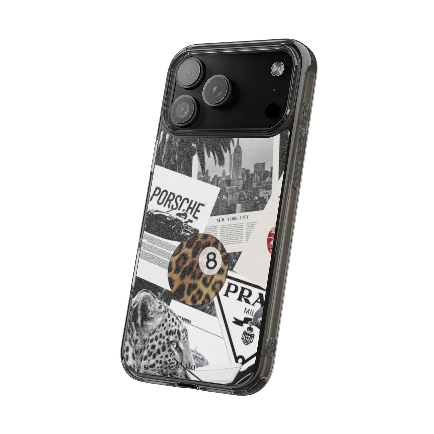 Clear Impact-Resistant Phone Case — Collage Luxury Leopard & Vintage Car Design