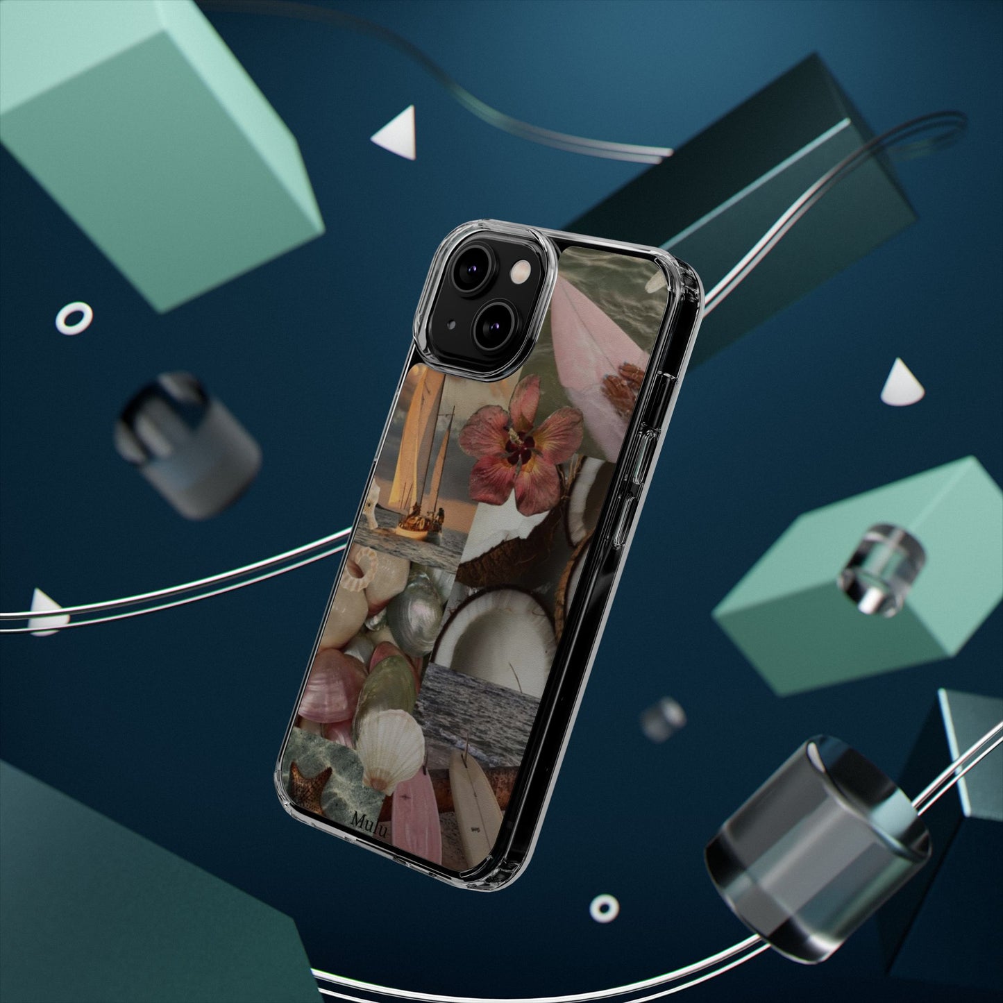 Clear Phone Case — Coastal Collage Shells & Surf Design