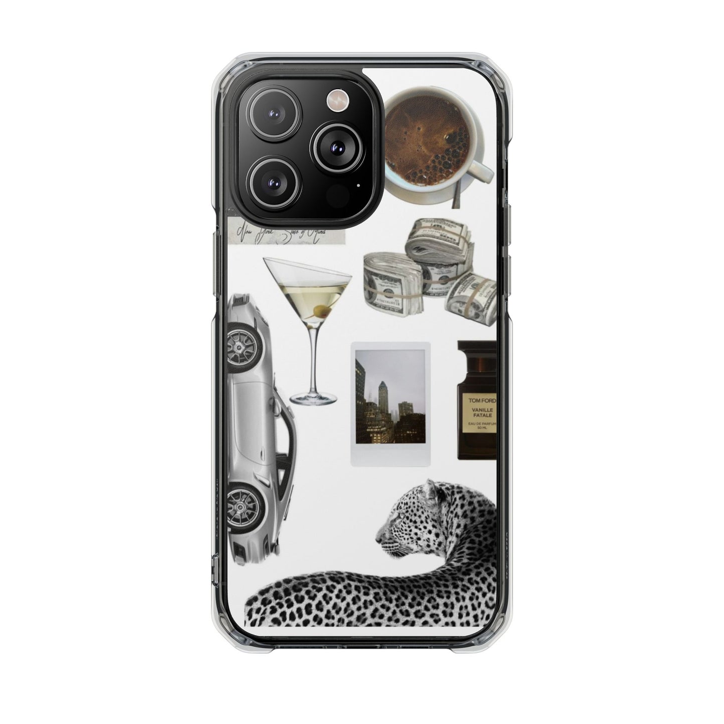 Clear Impact Phone Case — Luxe Collage (Leopard, Martini, Coffee & Vintage Car)