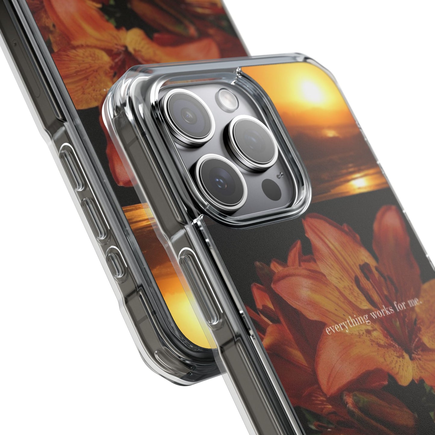 Clear Magnetic Phone Case — Sunset Lily Design ("anything waits for you")