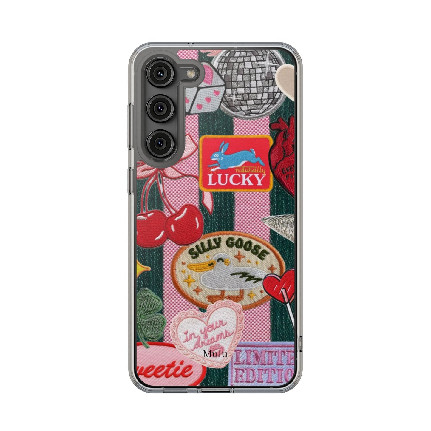 Clear Impact-Resistant Phone Case — Retro Patchwork Stickers (Lucky, Cherries, Silly Goose)