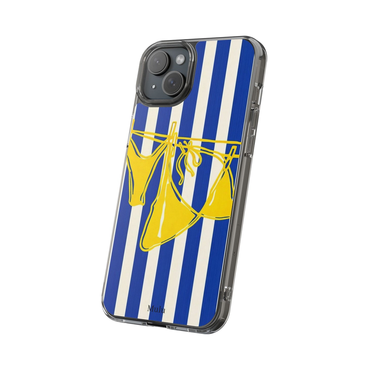 Striped Beach Bikini Phone Case — Yellow Swimwear on Blue & White Stripes, Clear Impact-Resistant