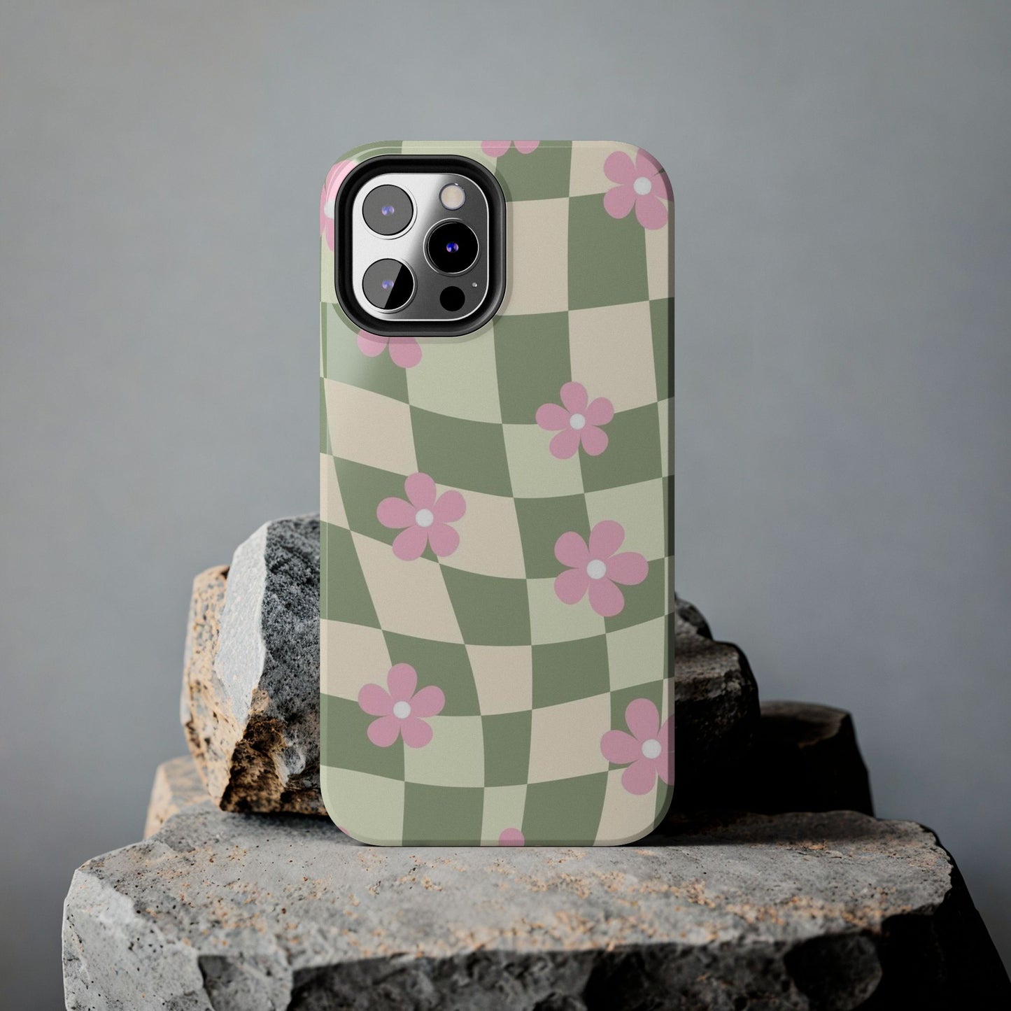 Tough Phone Case — Retro Green Checkerboard with Pink Flowers