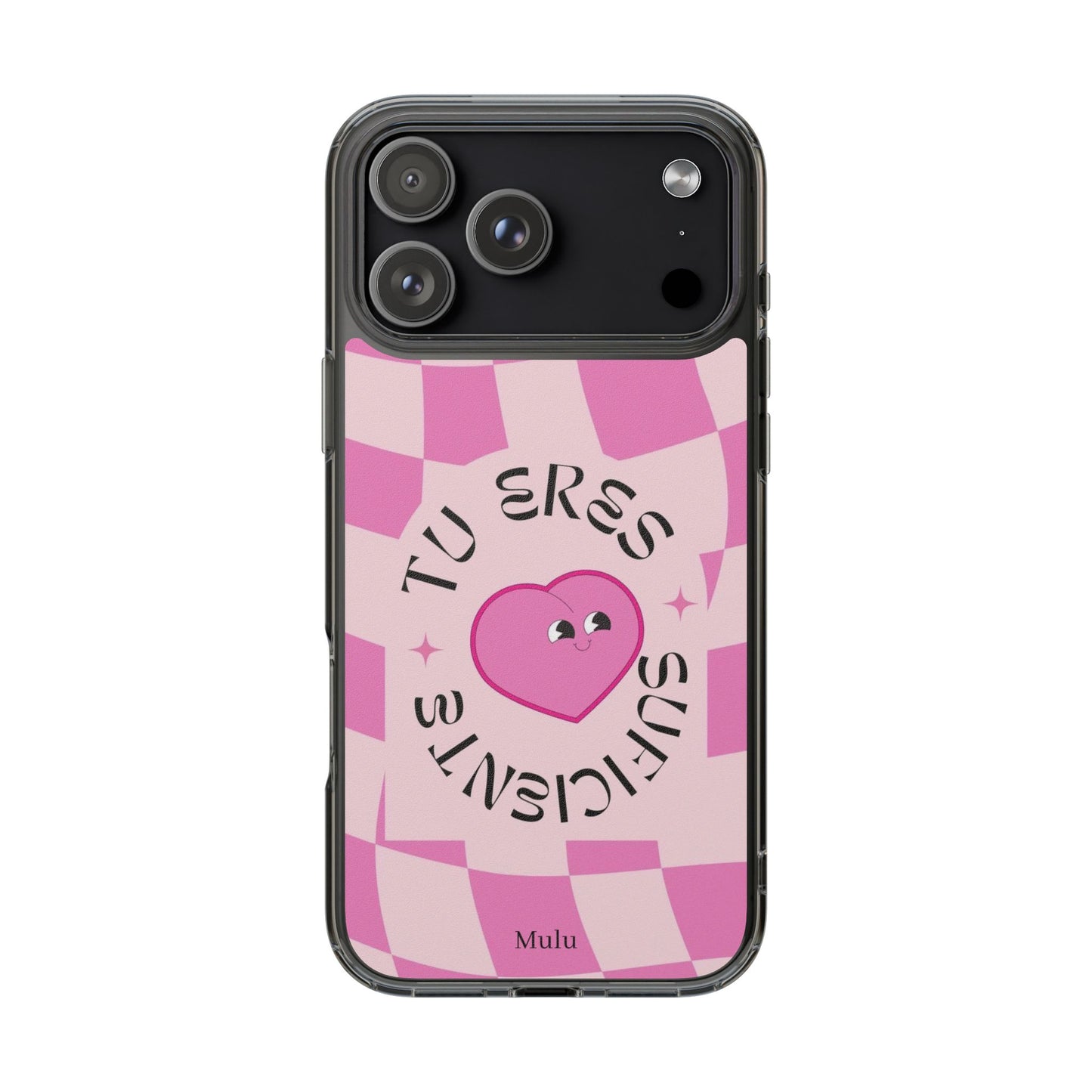 Clear Impact-Resistant Phone Case — Pink Checkerheart “Tu Eres Suficiente” Design