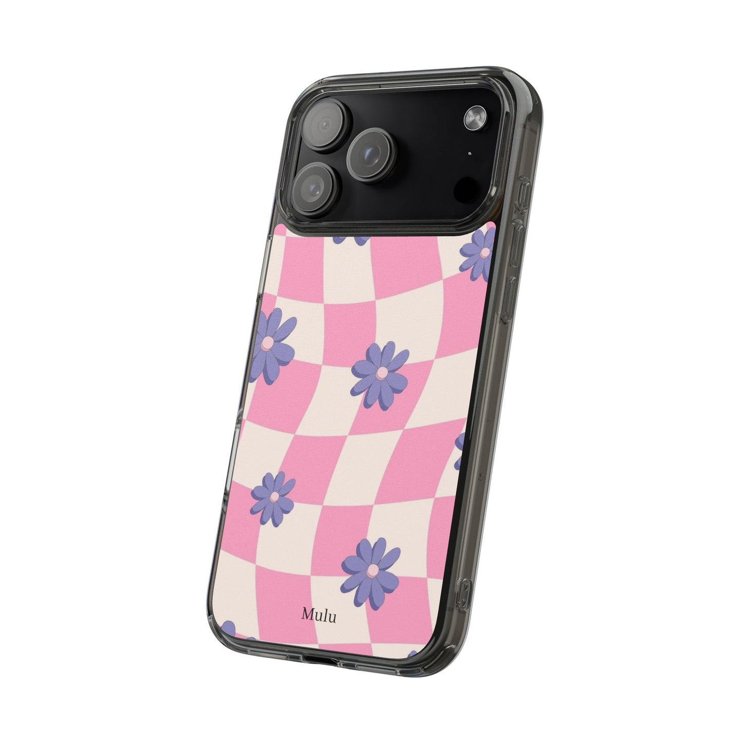 Clear Impact Phone Case — Pink Checkerboard with Purple Flowers