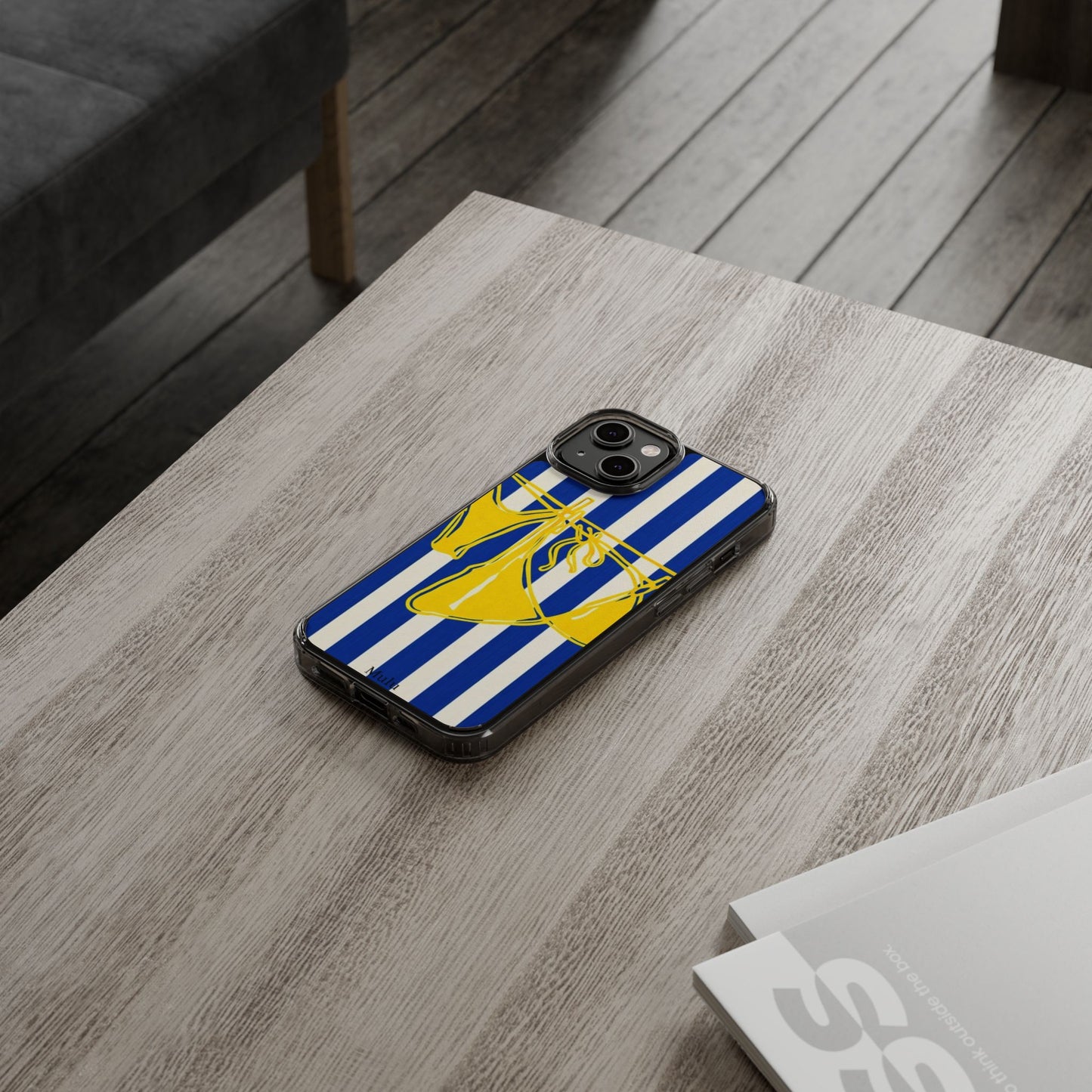 Striped Beach Bikini Phone Case — Yellow Swimwear on Blue & White Stripes, Clear Impact-Resistant