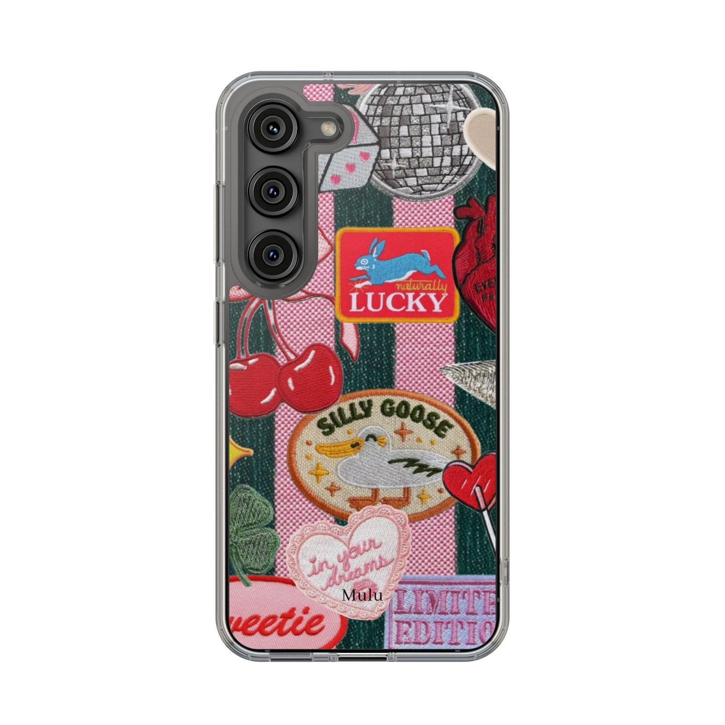 Clear Impact-Resistant Phone Case — Retro Patchwork Stickers (Lucky, Cherries, Silly Goose)