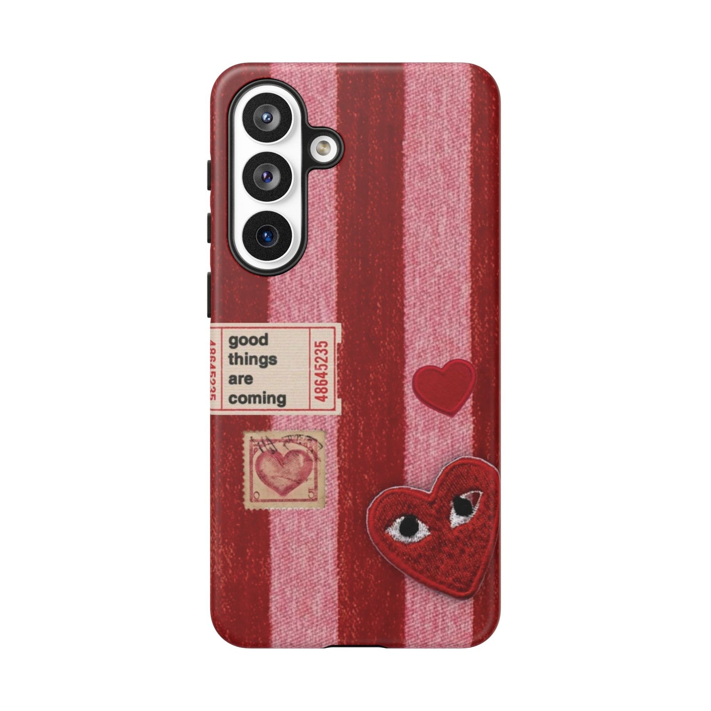 Phone Case — Red Striped Heart Design with “Good Things Are Coming”