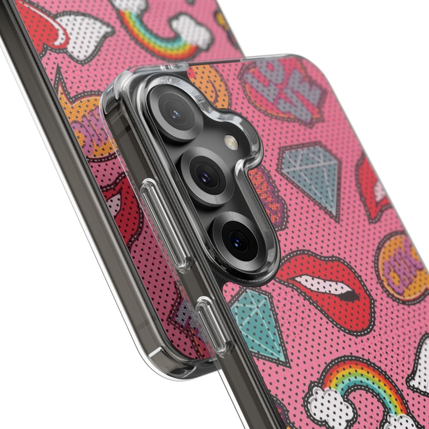Clear Impact-Resistant Phone Case — Pink Pop Sticker Pattern (Hearts, Rainbows, Smileys)
