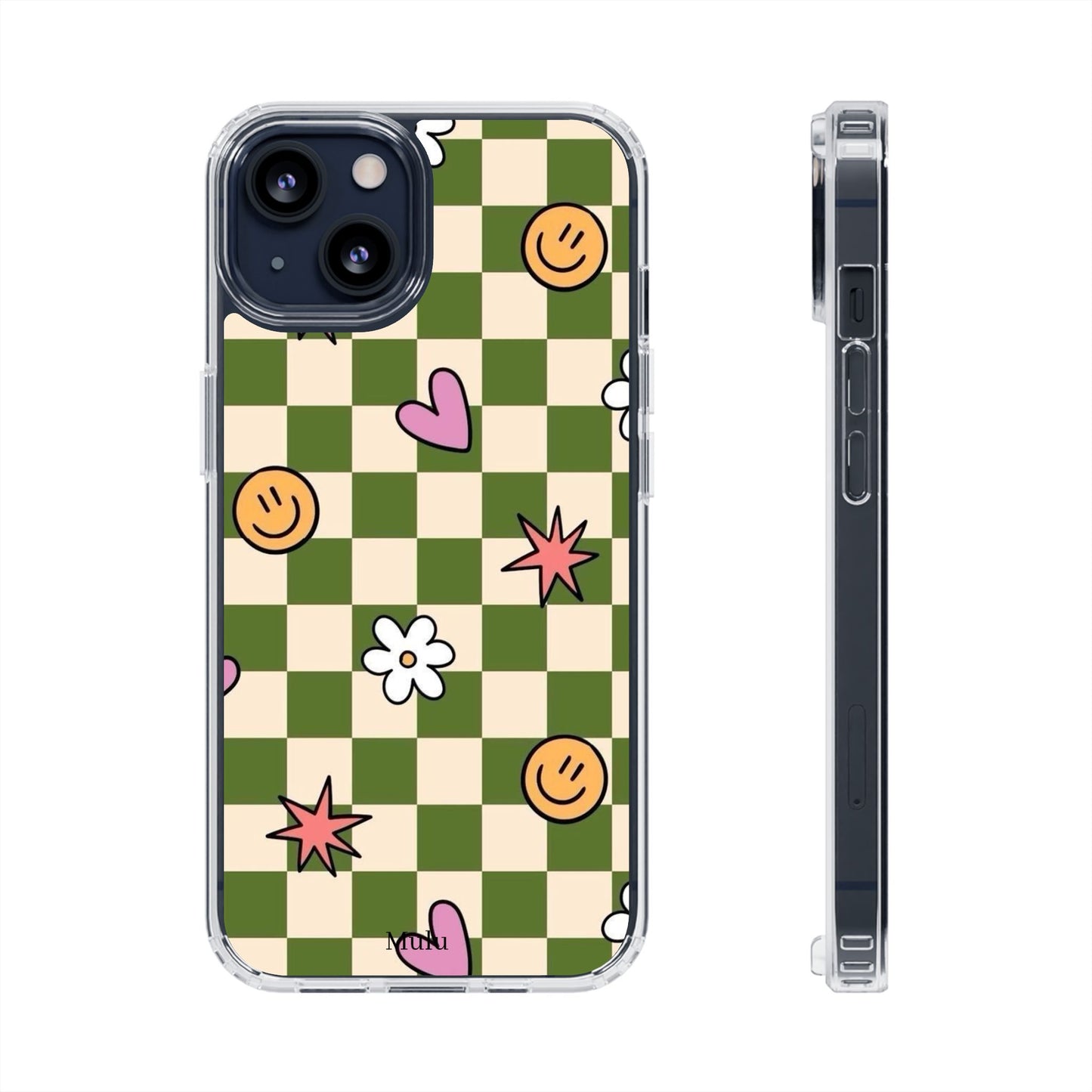 Clear Impact-Resistant Case — Retro Green Checkerboard with Smiley, Hearts & Flowers
