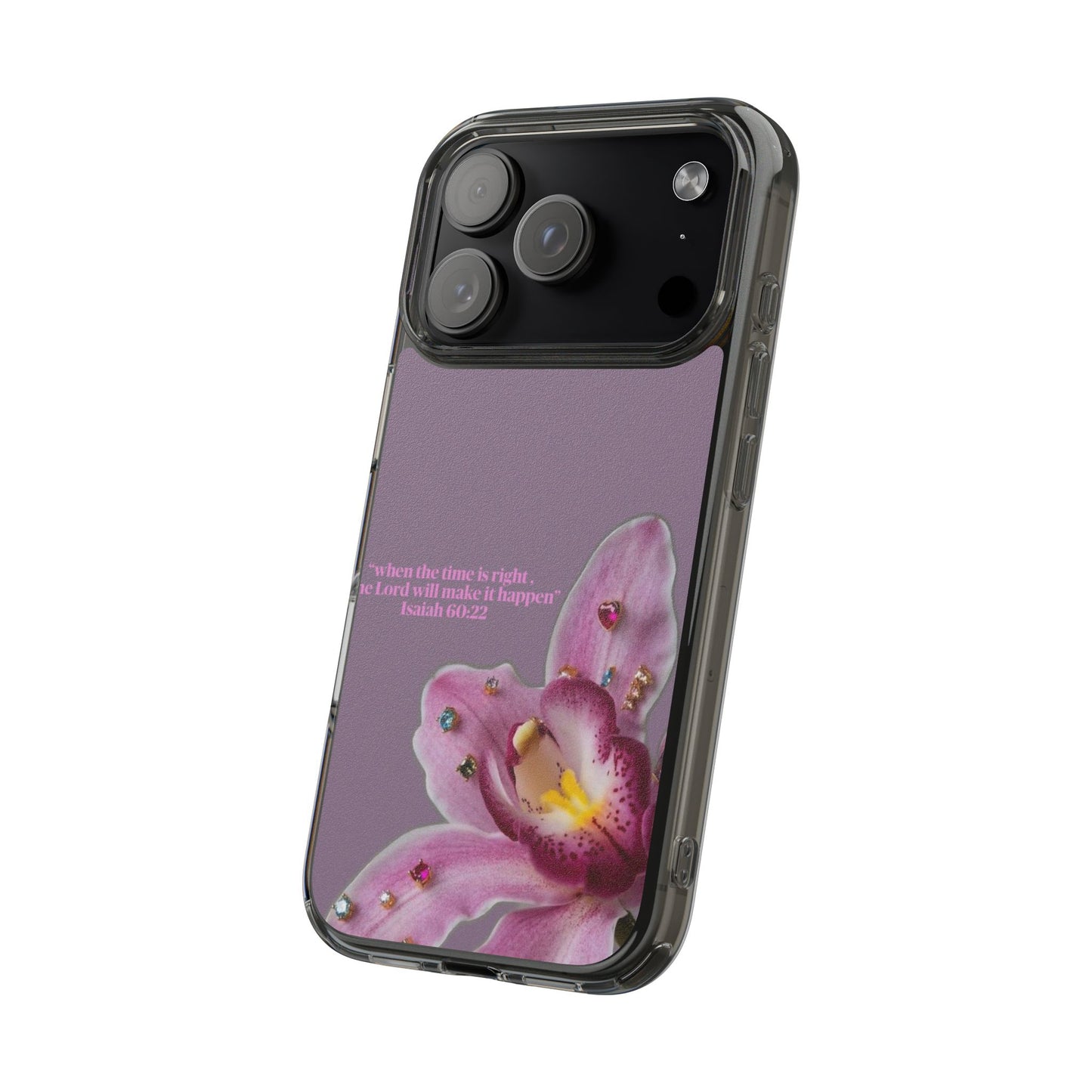 Clear Floral Impact-Resistant Phone Case — "When the time is right" Rose Orchid Design