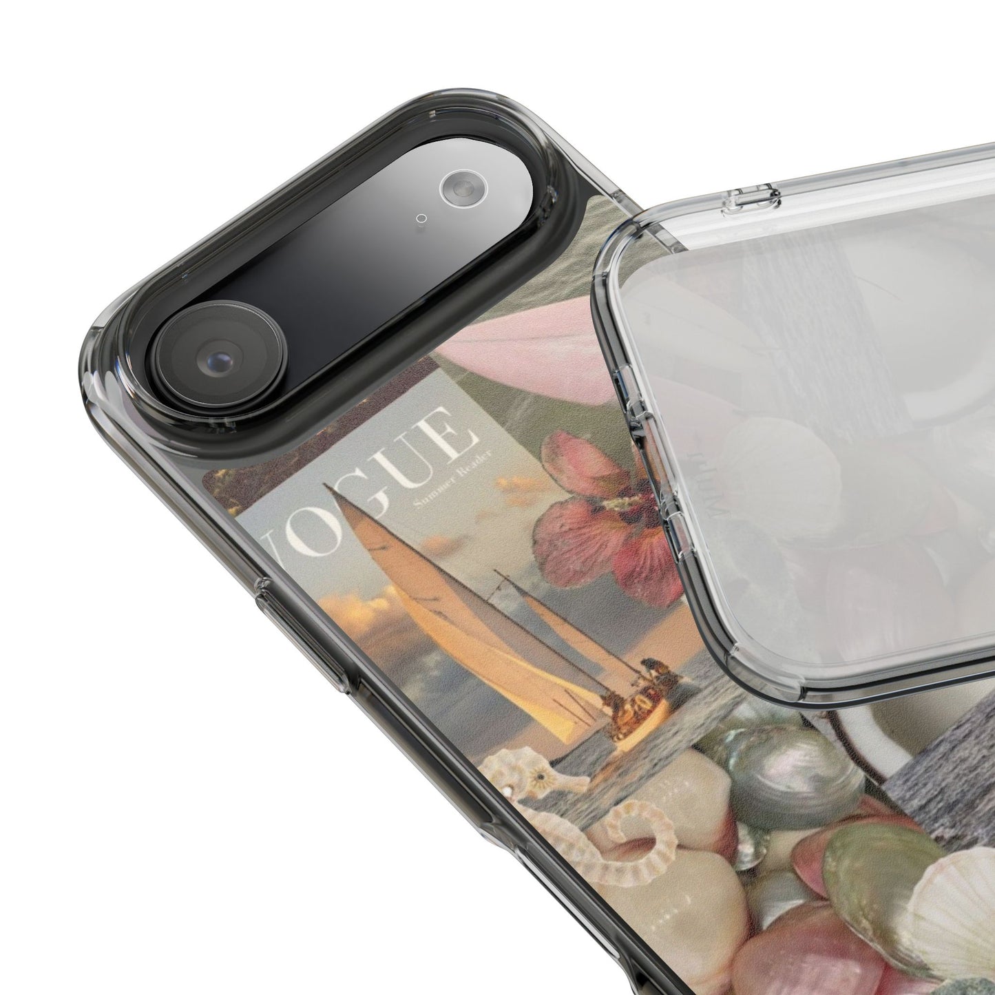 Clear Phone Case — Coastal Collage Shells & Surf Design