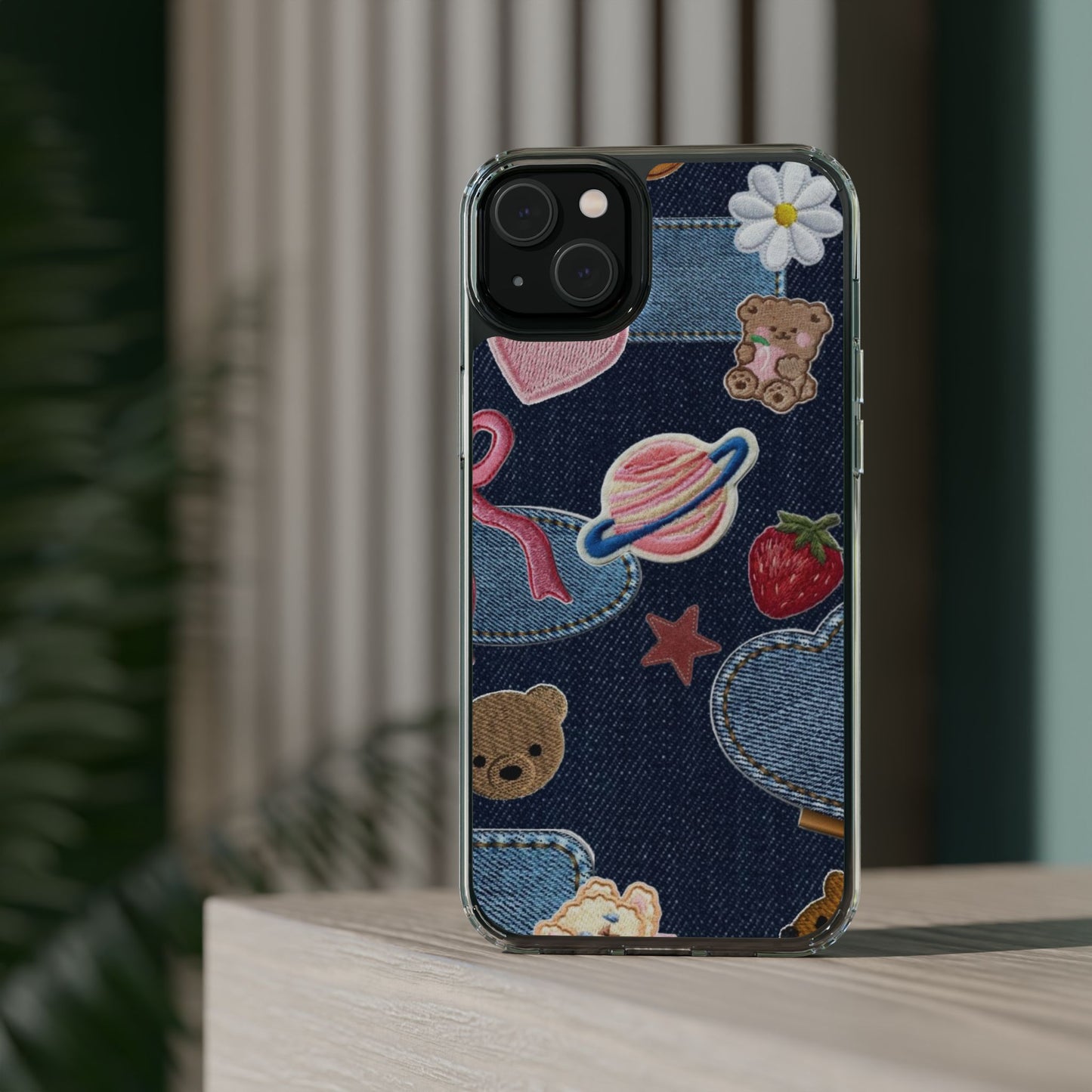 Clear Impact-Resistant Phone Case — Cute Denim Patch Collage (Teddy, Strawberry, Planet)