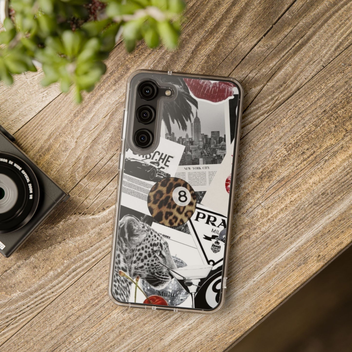 Clear Impact-Resistant Phone Case — Collage Luxury Leopard & Vintage Car Design