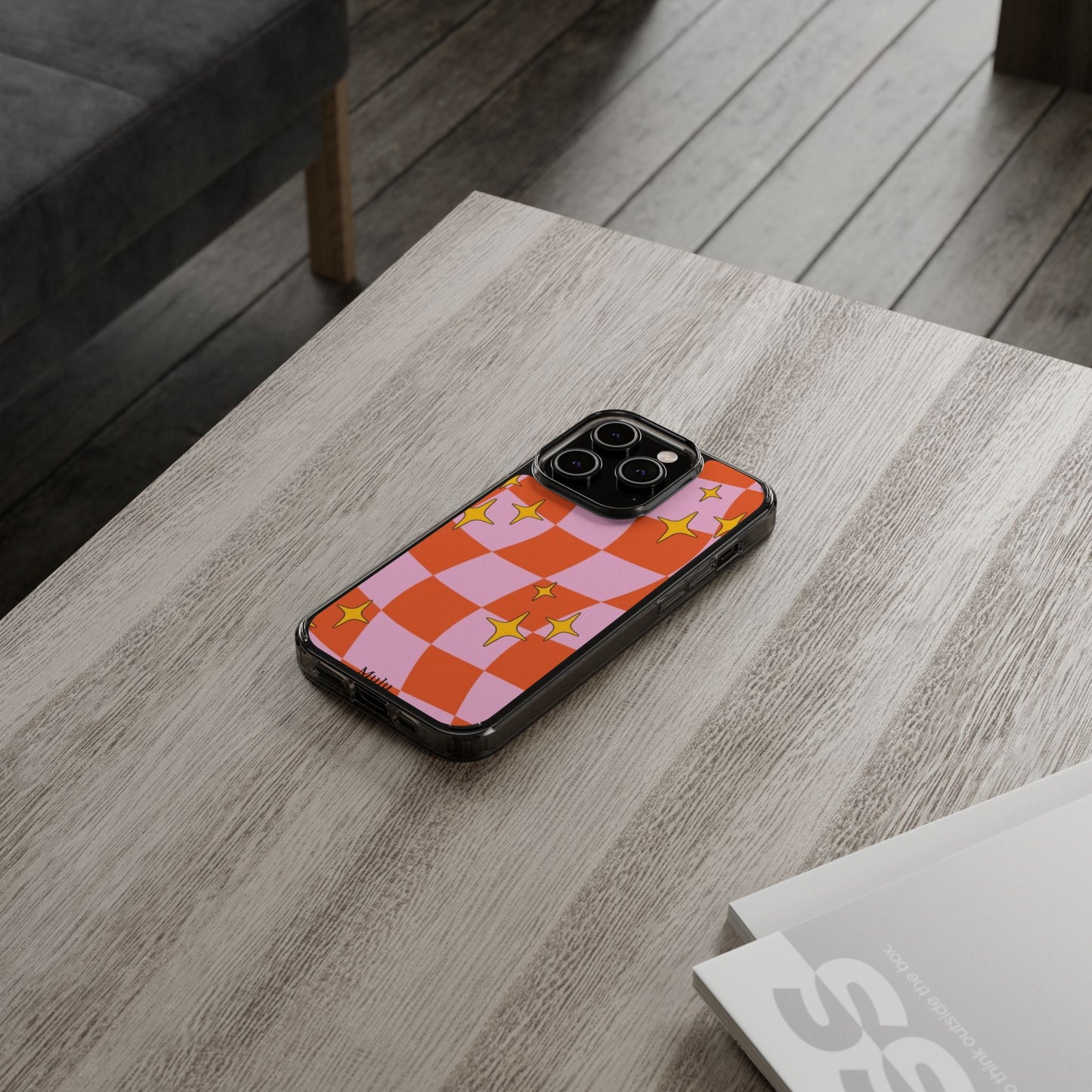 Clear Impact-Resistant Case — Retro Pink & Orange Checker with Sparkle Stars