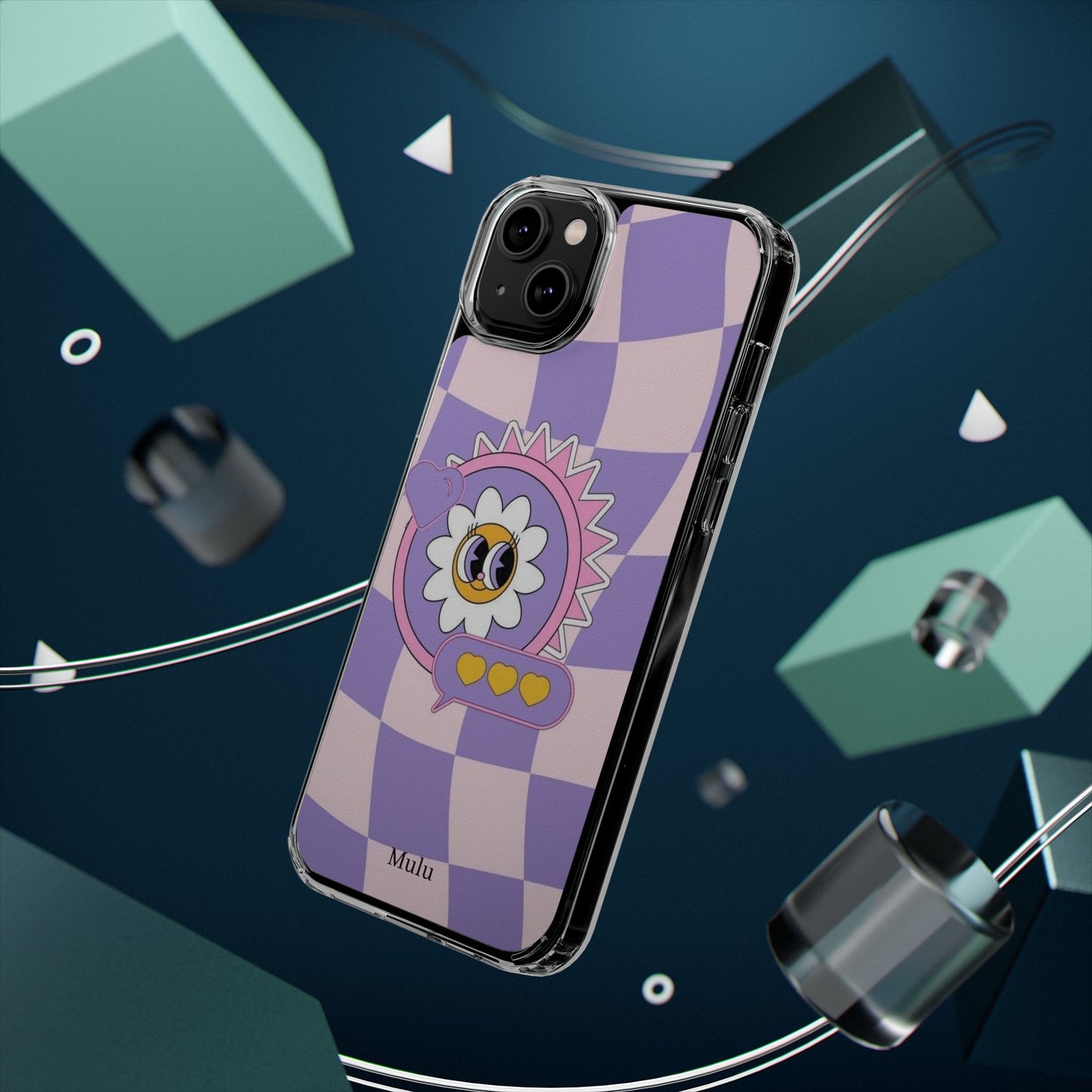 Clear Impact-Resistant Case — Cute Purple Checkerboard Dino with 'Mulu'