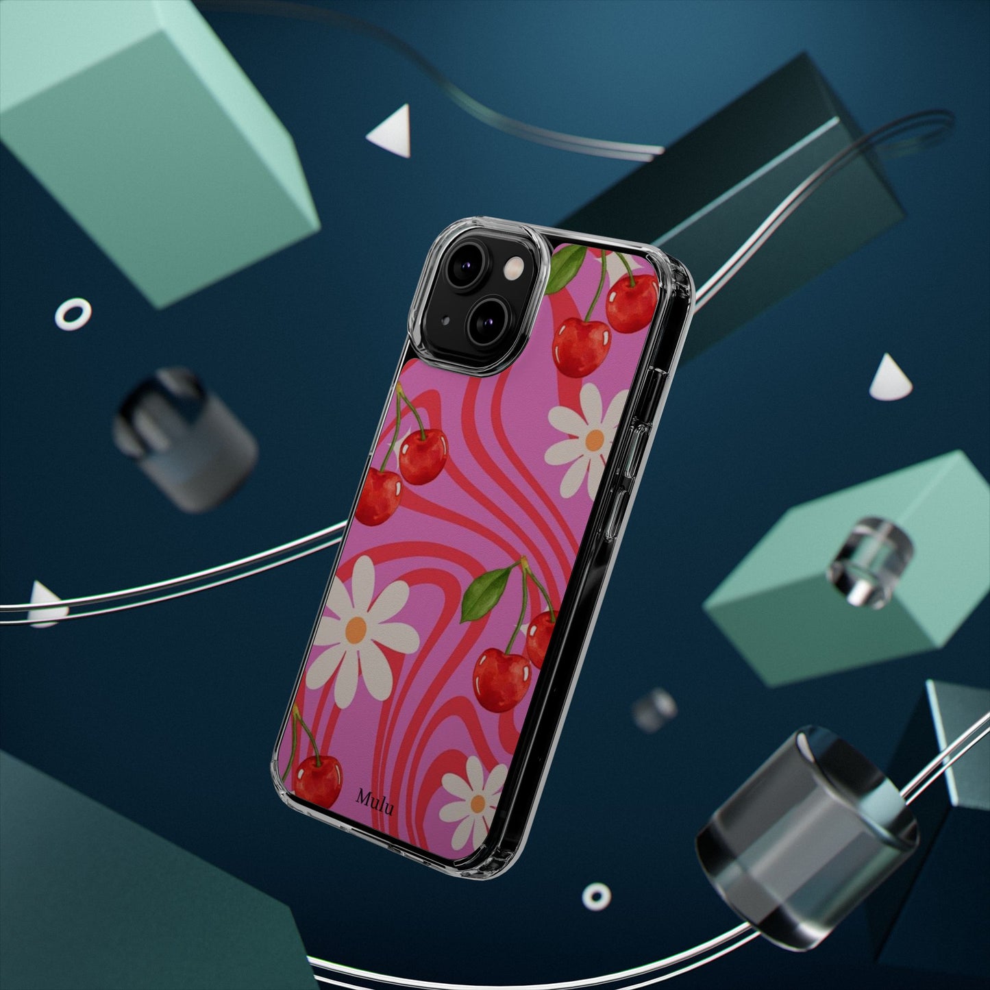 Clear Impact Phone Case — Retro Cherry & Daisy Floral Design