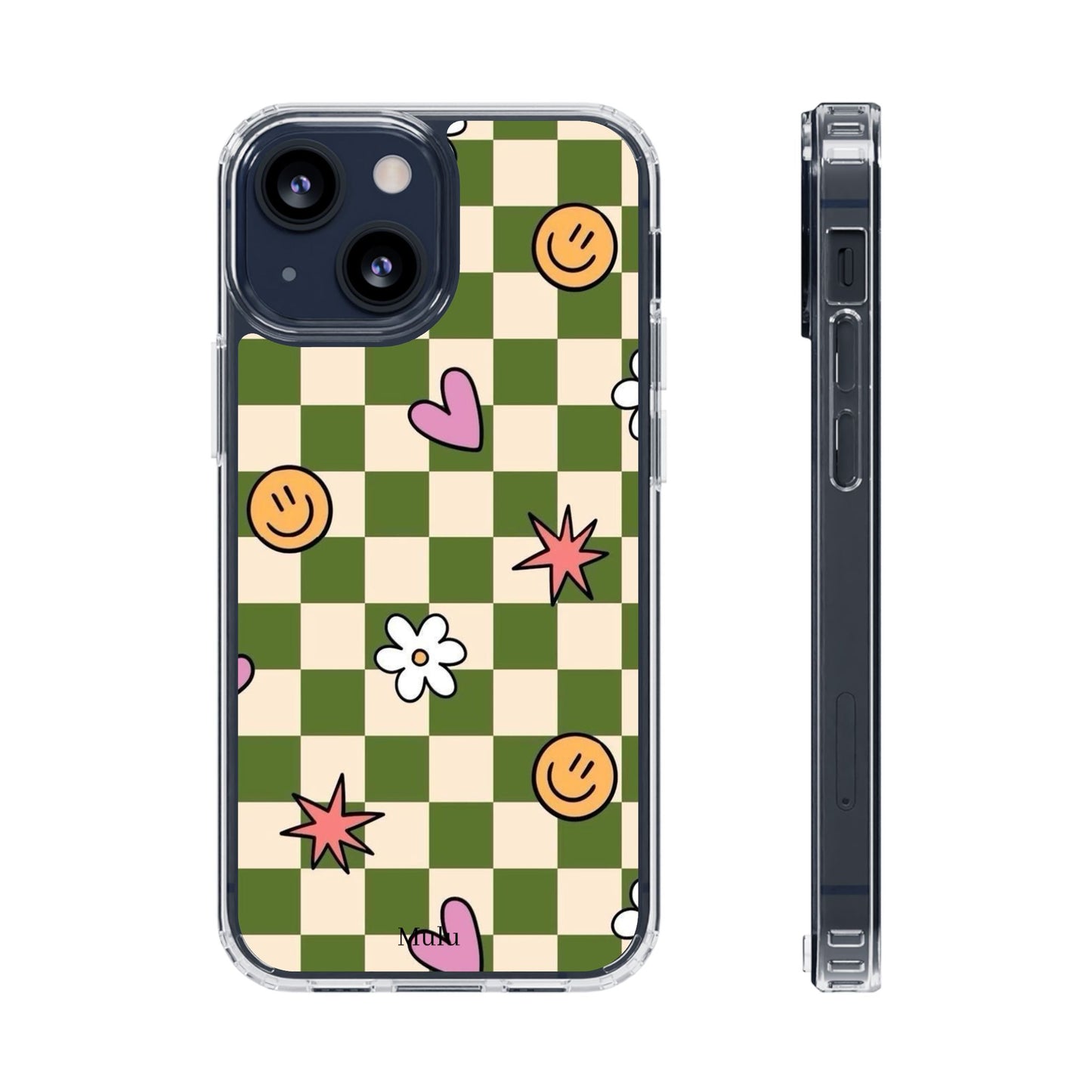 Clear Impact-Resistant Case — Retro Green Checkerboard with Smiley, Hearts & Flowers
