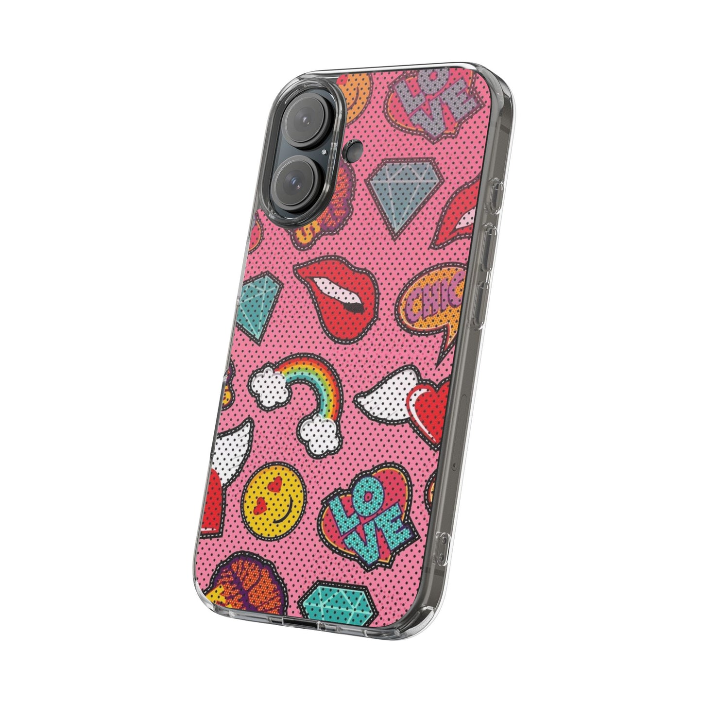 Clear Impact-Resistant Phone Case — Pink Pop Sticker Pattern (Hearts, Rainbows, Smileys)