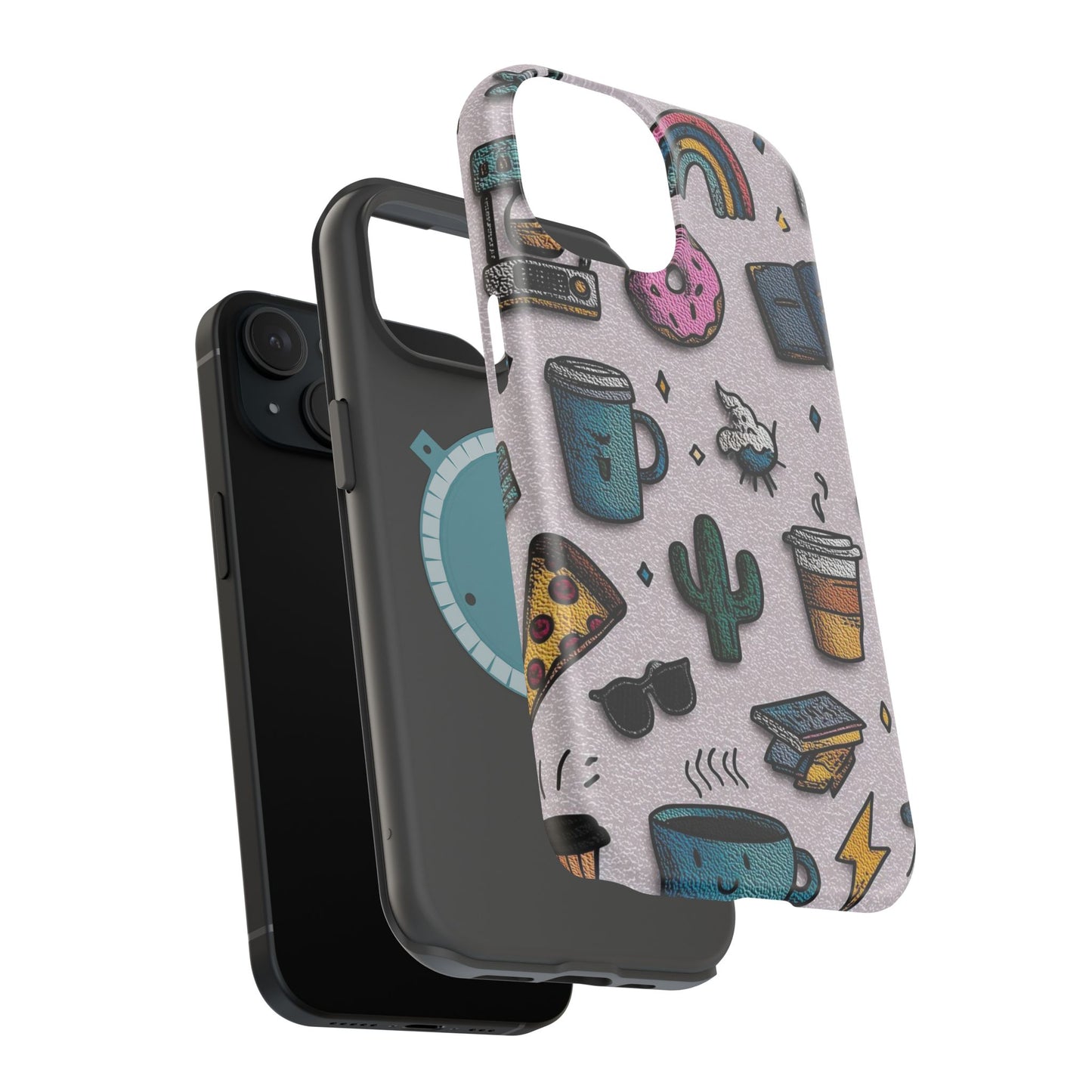 Cute Doodle Phone Case — Magnetic Impact-Resistant Design (coffee, rainbow, cactus)