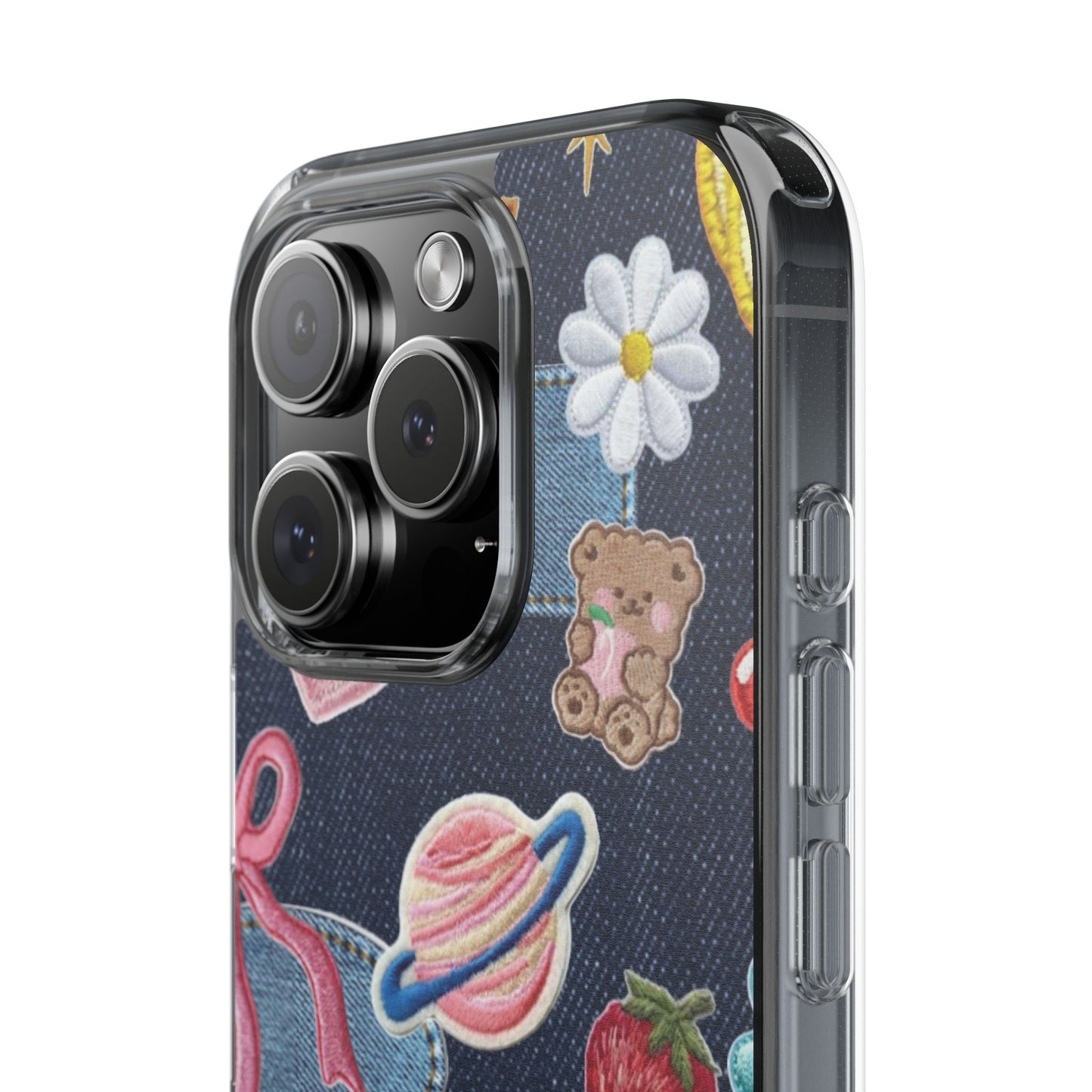 Clear Impact-Resistant Phone Case — Cute Denim Patch Collage (Teddy, Strawberry, Planet)