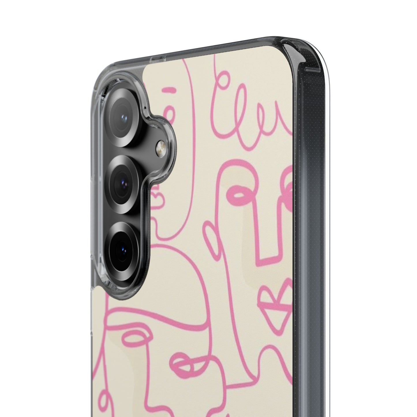 Clear Impact-Resistant Phone Case — Pink Minimalist Line Faces Design