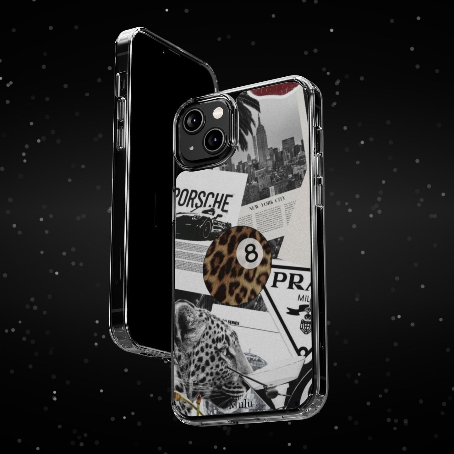 Clear Impact-Resistant Phone Case — Collage Luxury Leopard & Vintage Car Design