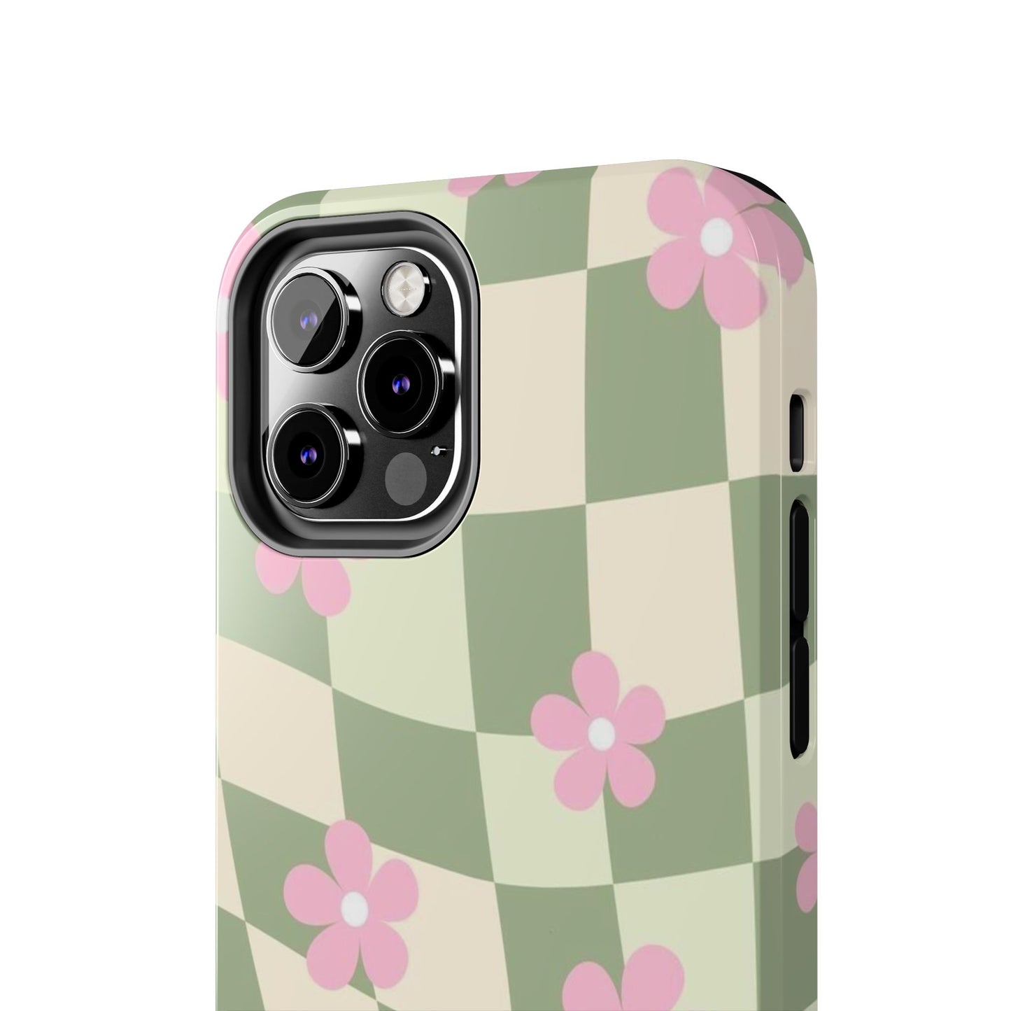 Tough Phone Case — Retro Green Checkerboard with Pink Flowers