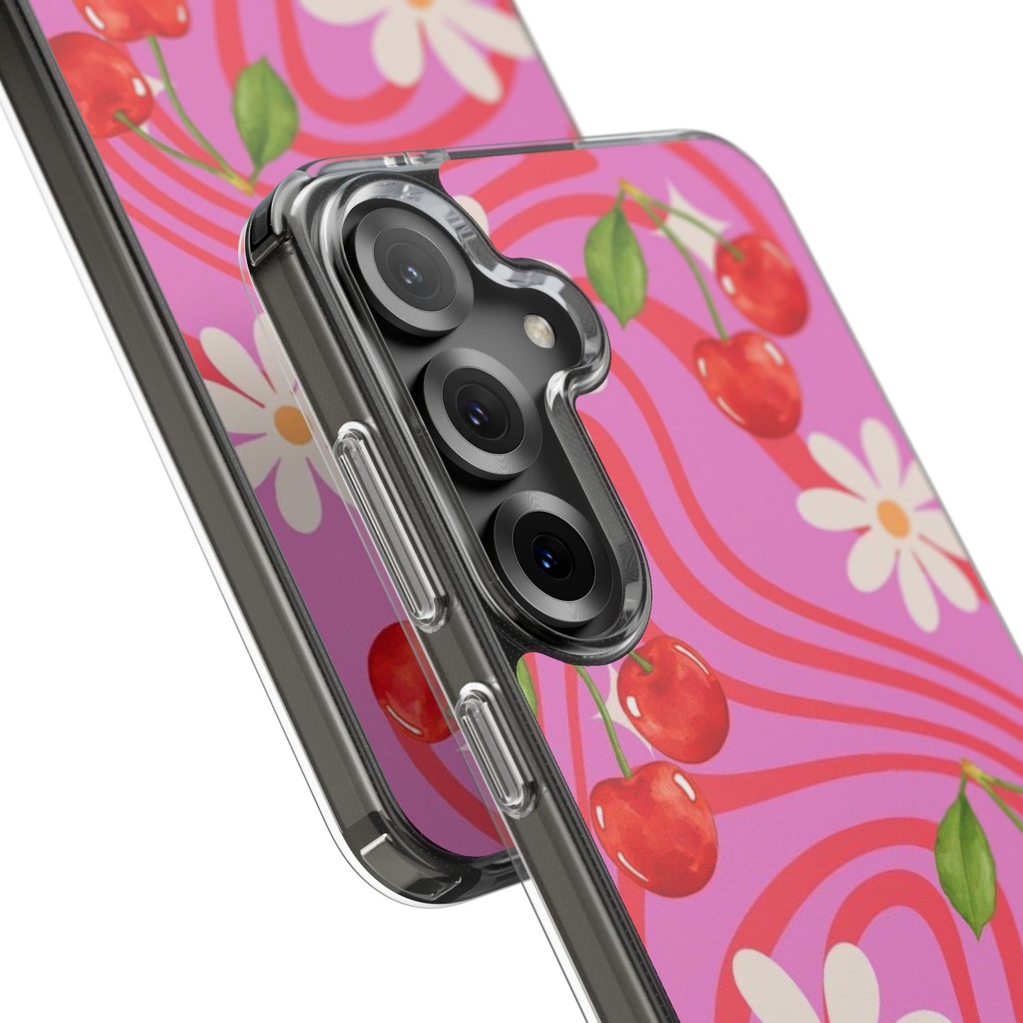 Clear Impact Phone Case — Retro Cherry & Daisy Floral Design