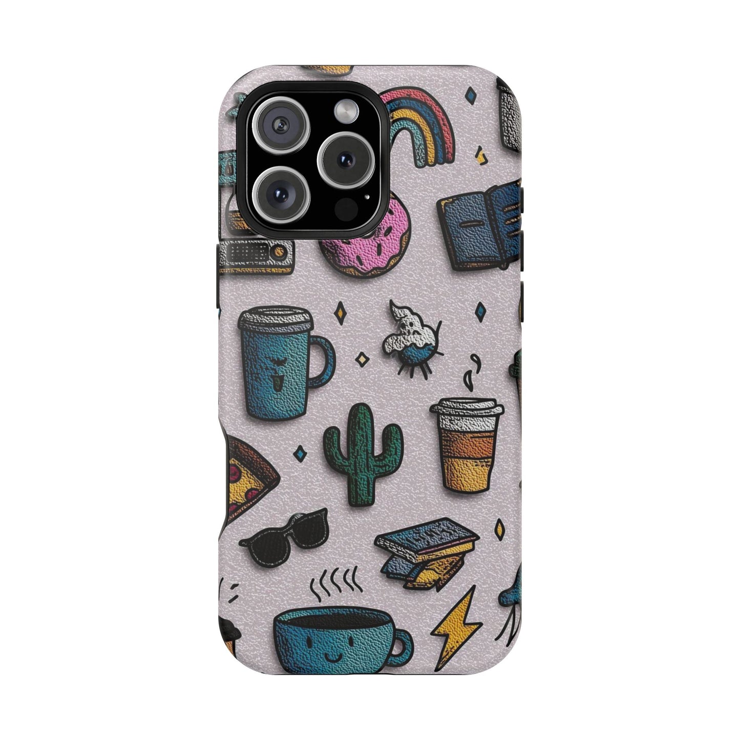Cute Doodle Phone Case — Magnetic Impact-Resistant Design (coffee, rainbow, cactus)