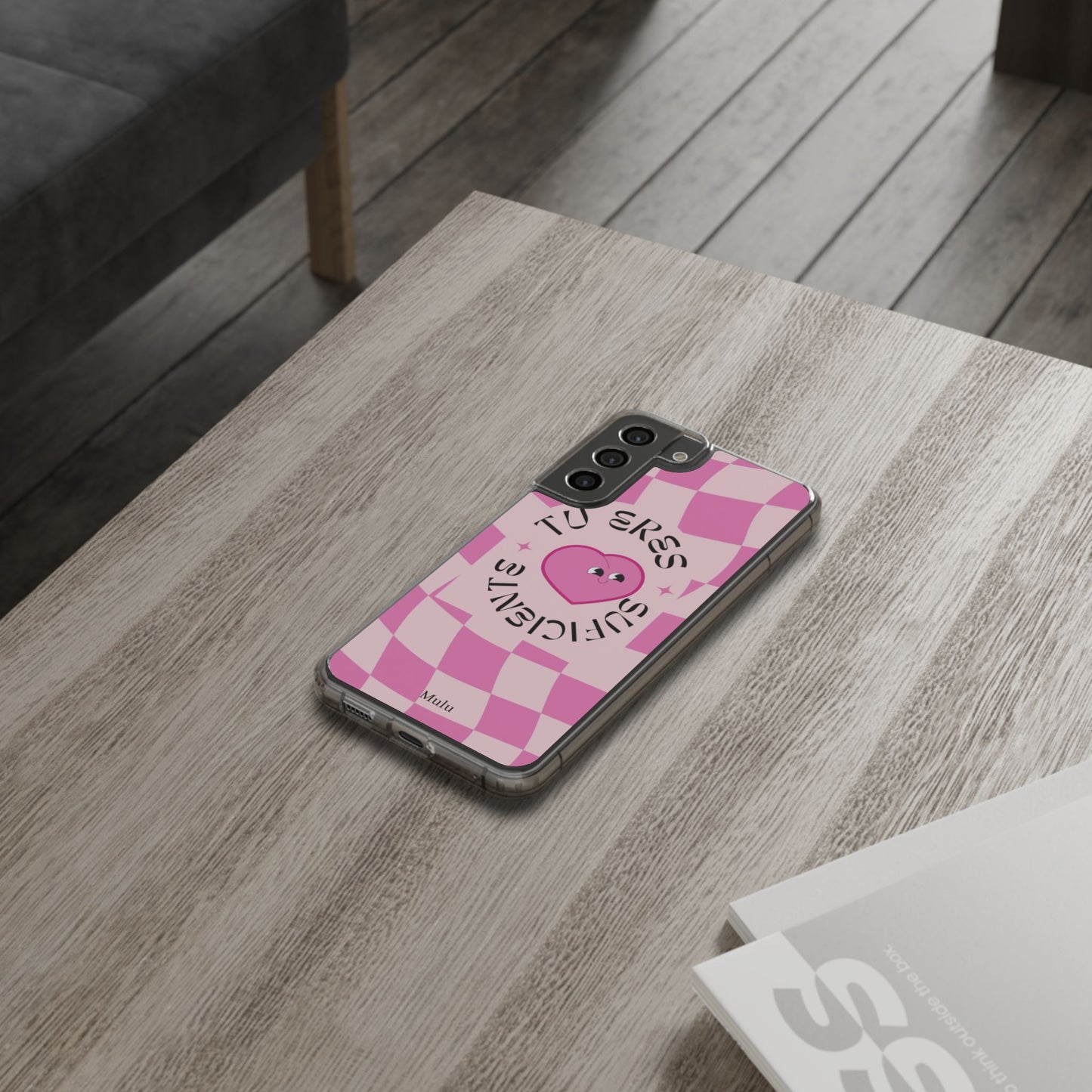 Clear Impact-Resistant Phone Case — Pink Checkerheart “Tu Eres Suficiente” Design