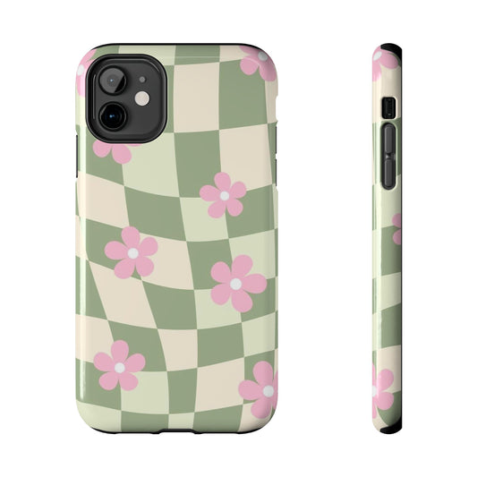 Tough Phone Case — Retro Green Checkerboard with Pink Flowers