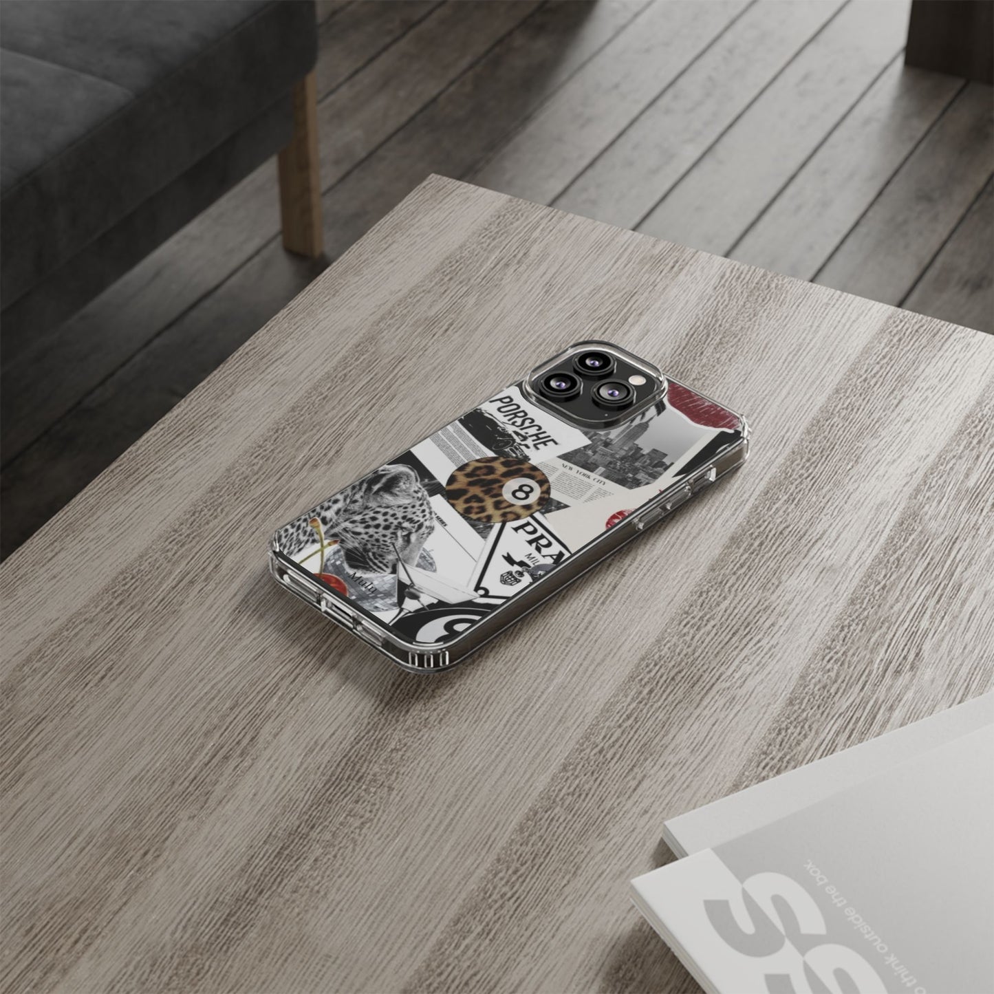 Clear Impact-Resistant Phone Case — Collage Luxury Leopard & Vintage Car Design