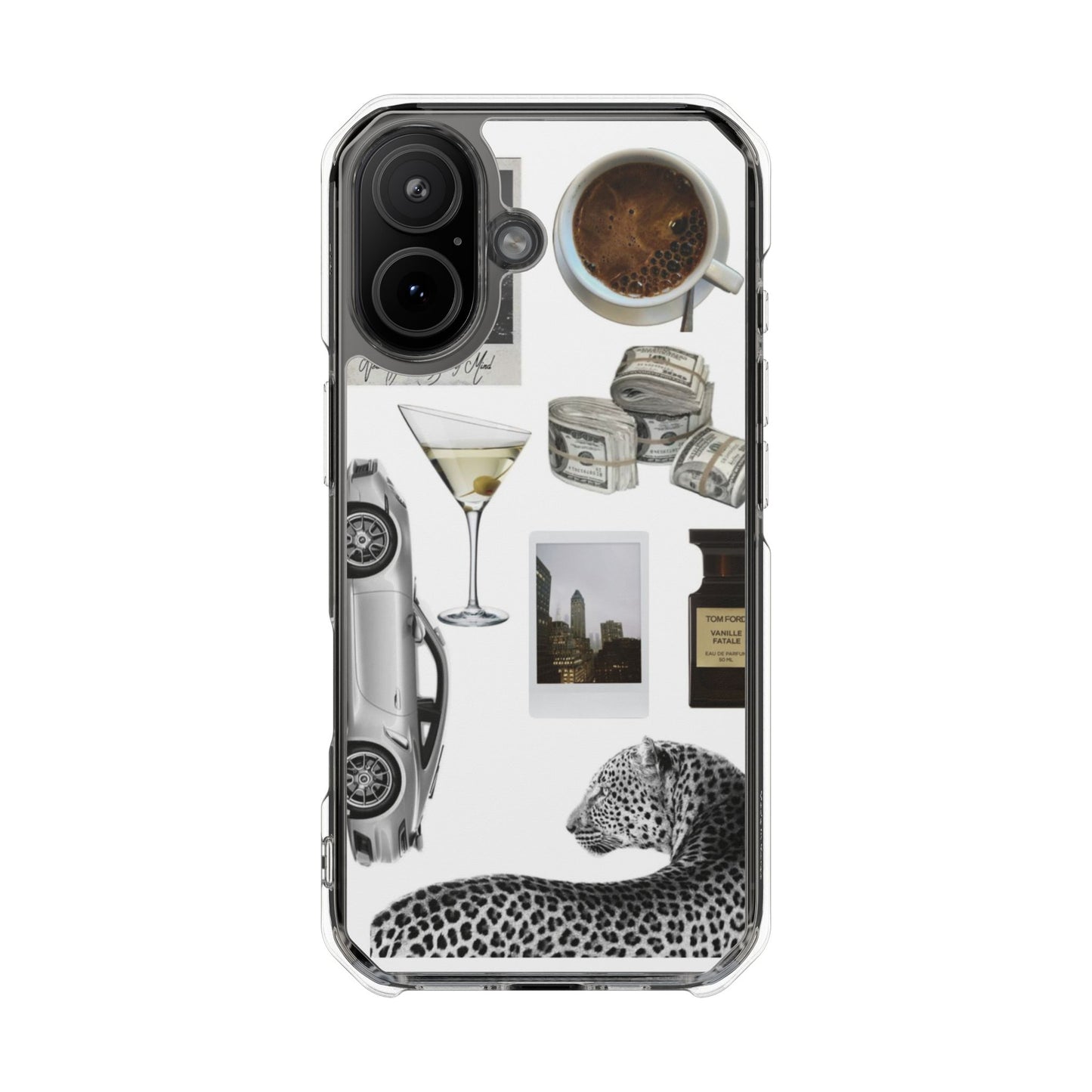 Clear Impact Phone Case — Luxe Collage (Leopard, Martini, Coffee & Vintage Car)