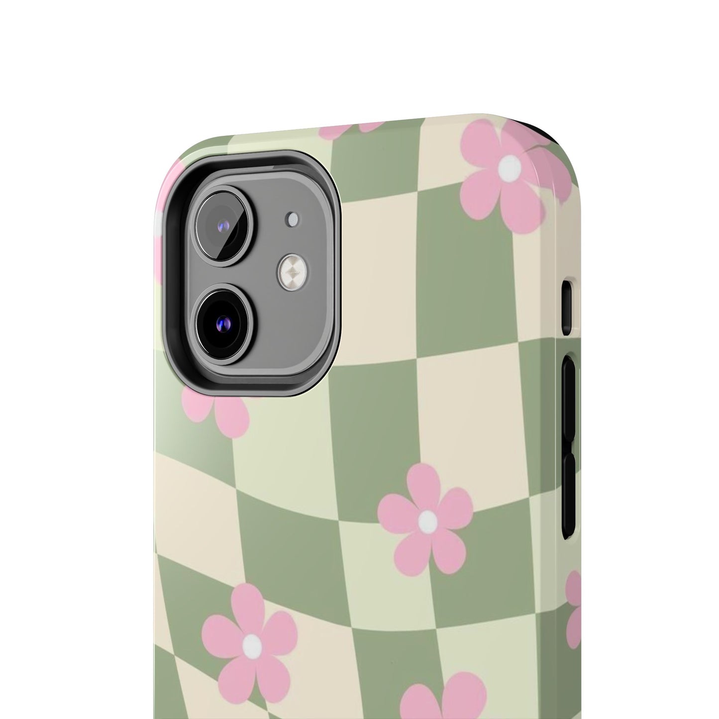 Tough Phone Case — Retro Green Checkerboard with Pink Flowers
