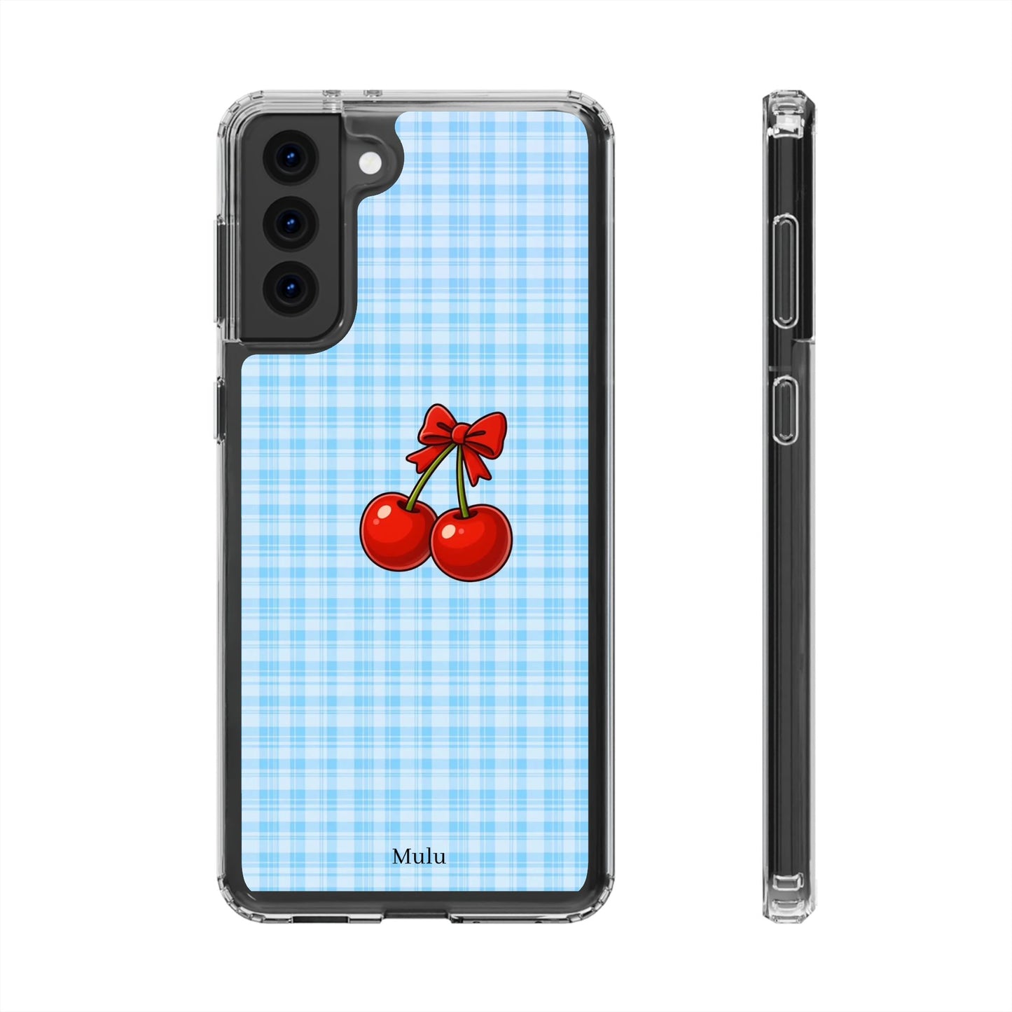 Clear Cherry Gingham Phone Case — Impact-Resistant Clear Case with Red Cherry Design