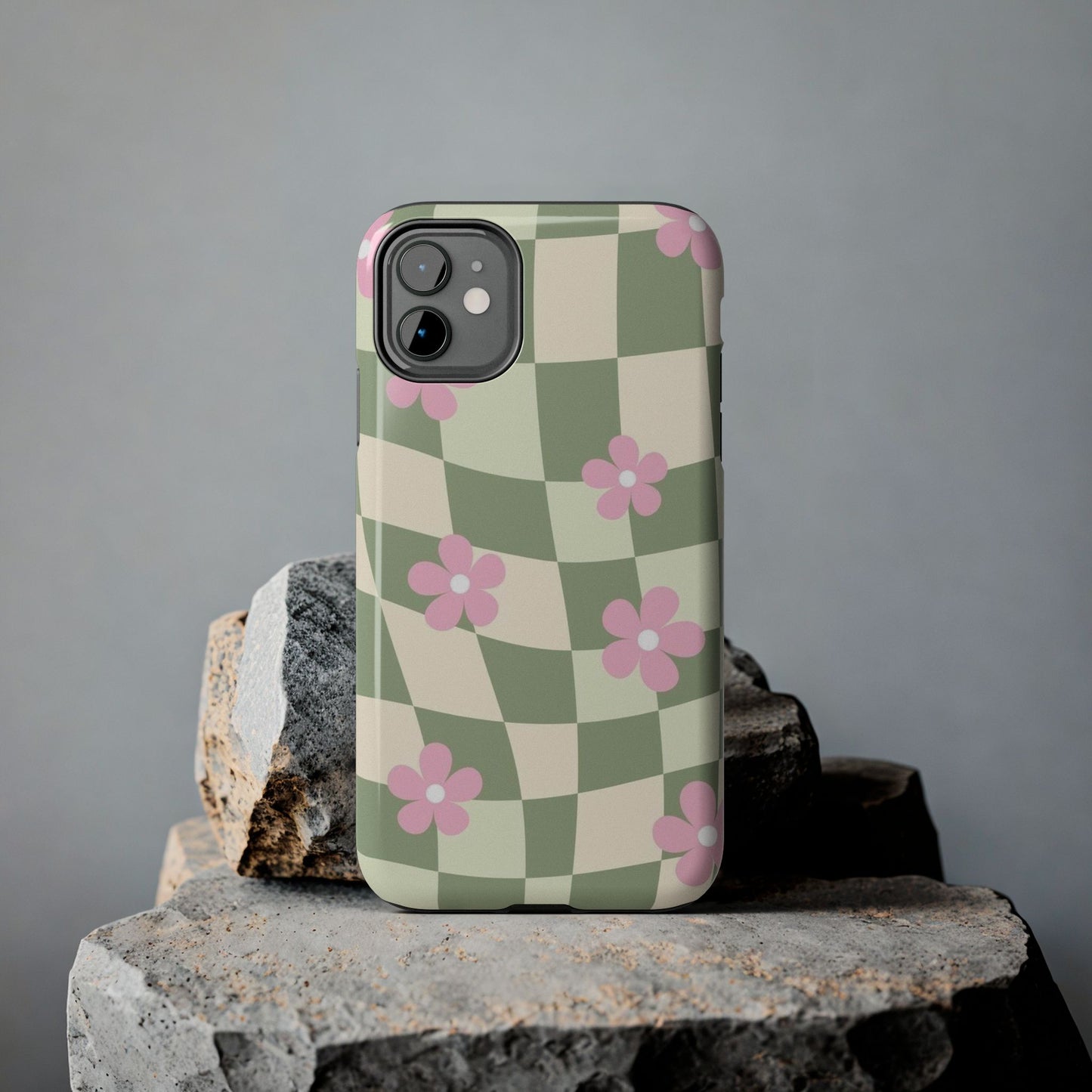 Tough Phone Case — Retro Green Checkerboard with Pink Flowers