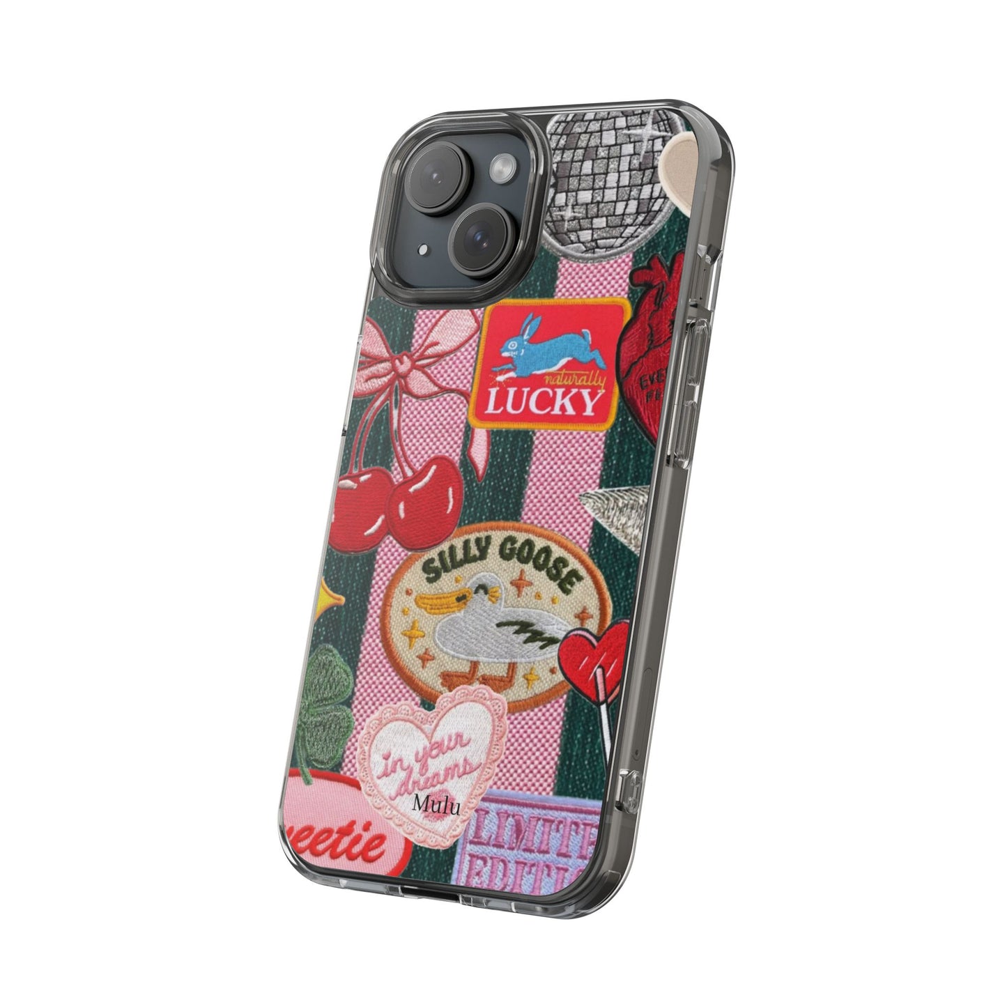 Clear Impact-Resistant Phone Case — Retro Patchwork Stickers (Lucky, Cherries, Silly Goose)