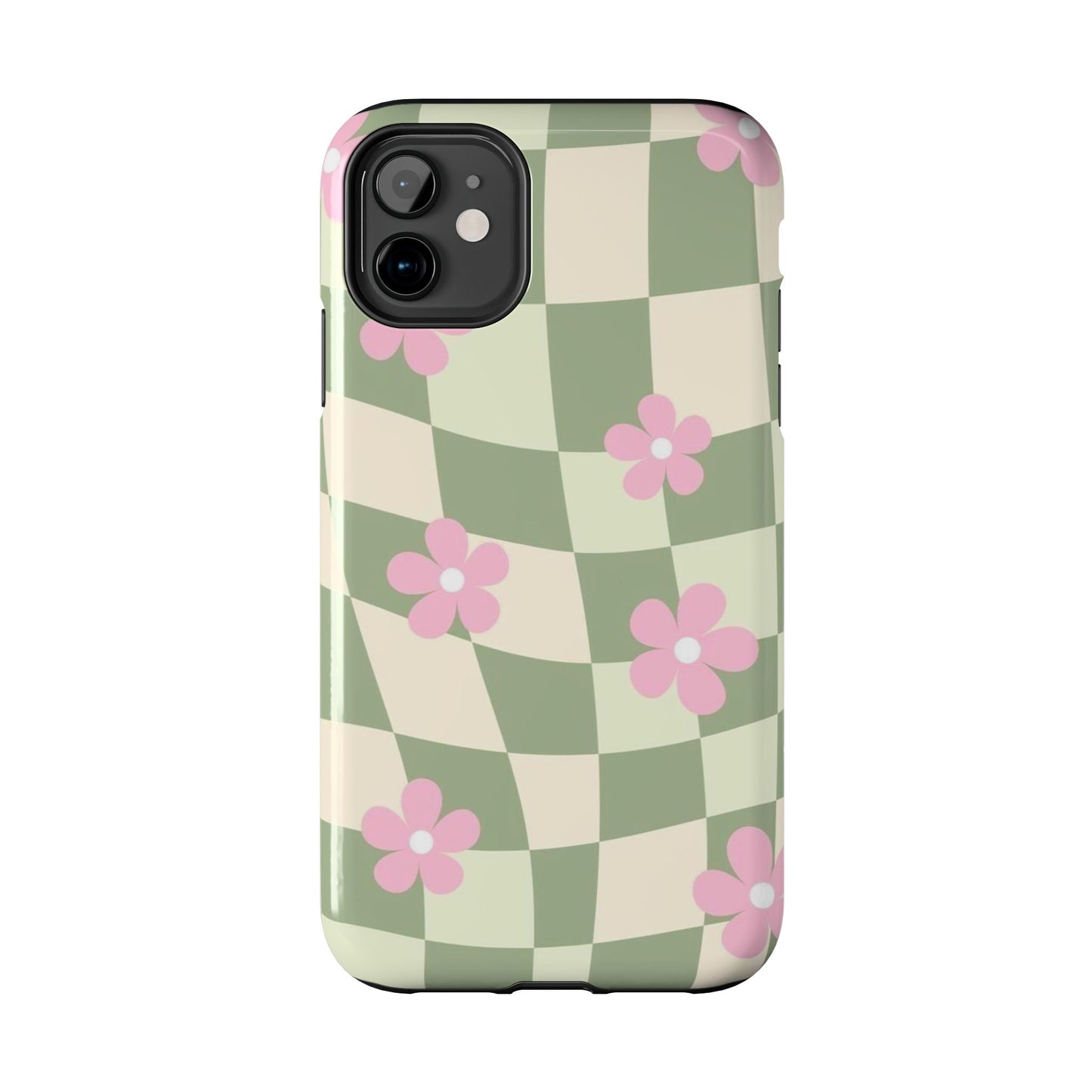 Tough Phone Case — Retro Green Checkerboard with Pink Flowers