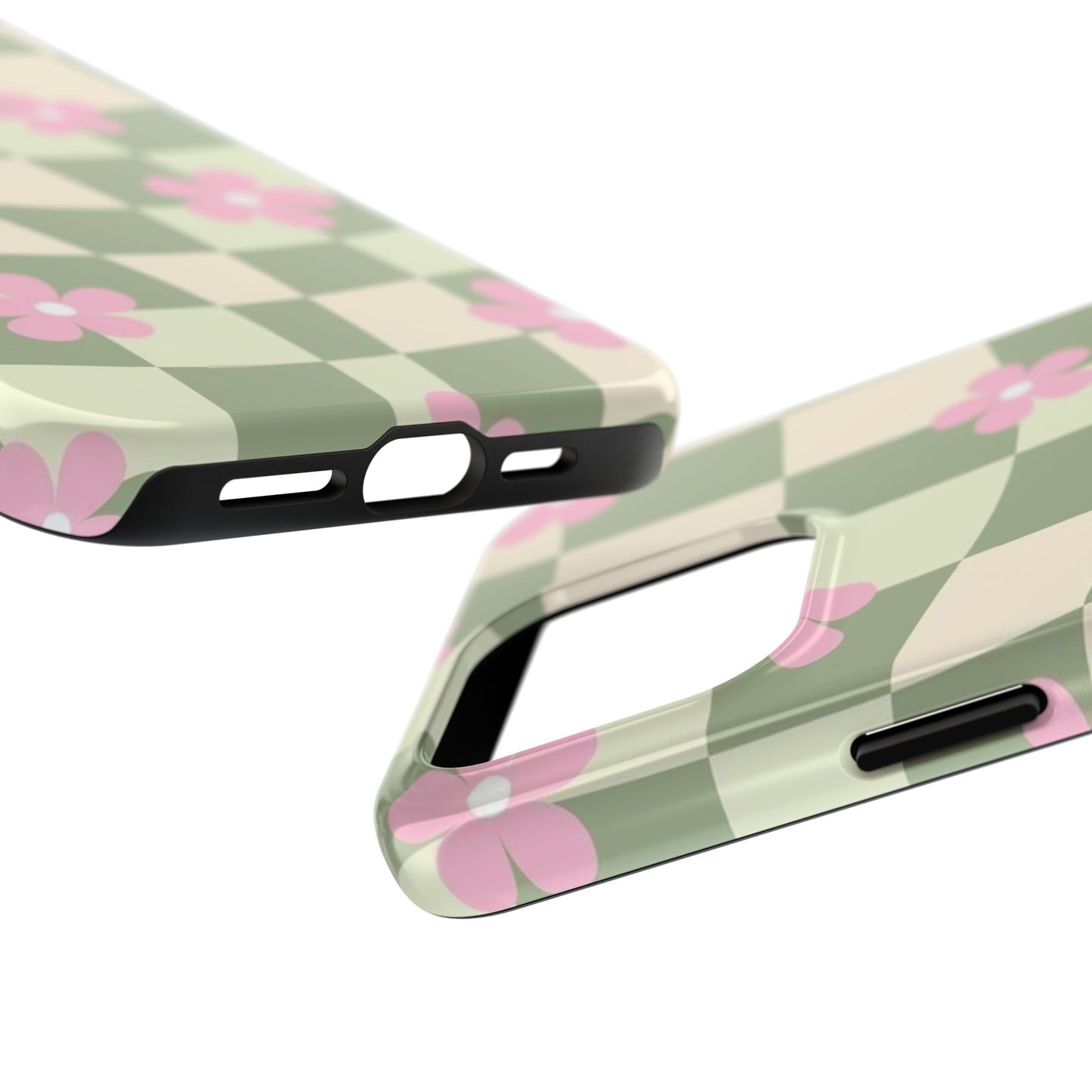 Tough Phone Case — Retro Green Checkerboard with Pink Flowers