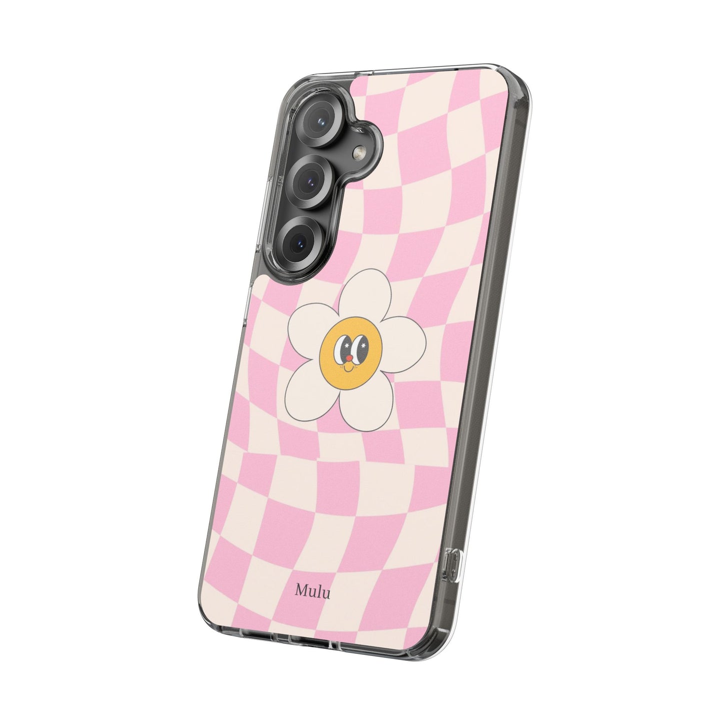 Clear Impact-Resistant Phone Case — Pink Checkerboard Daisy Design