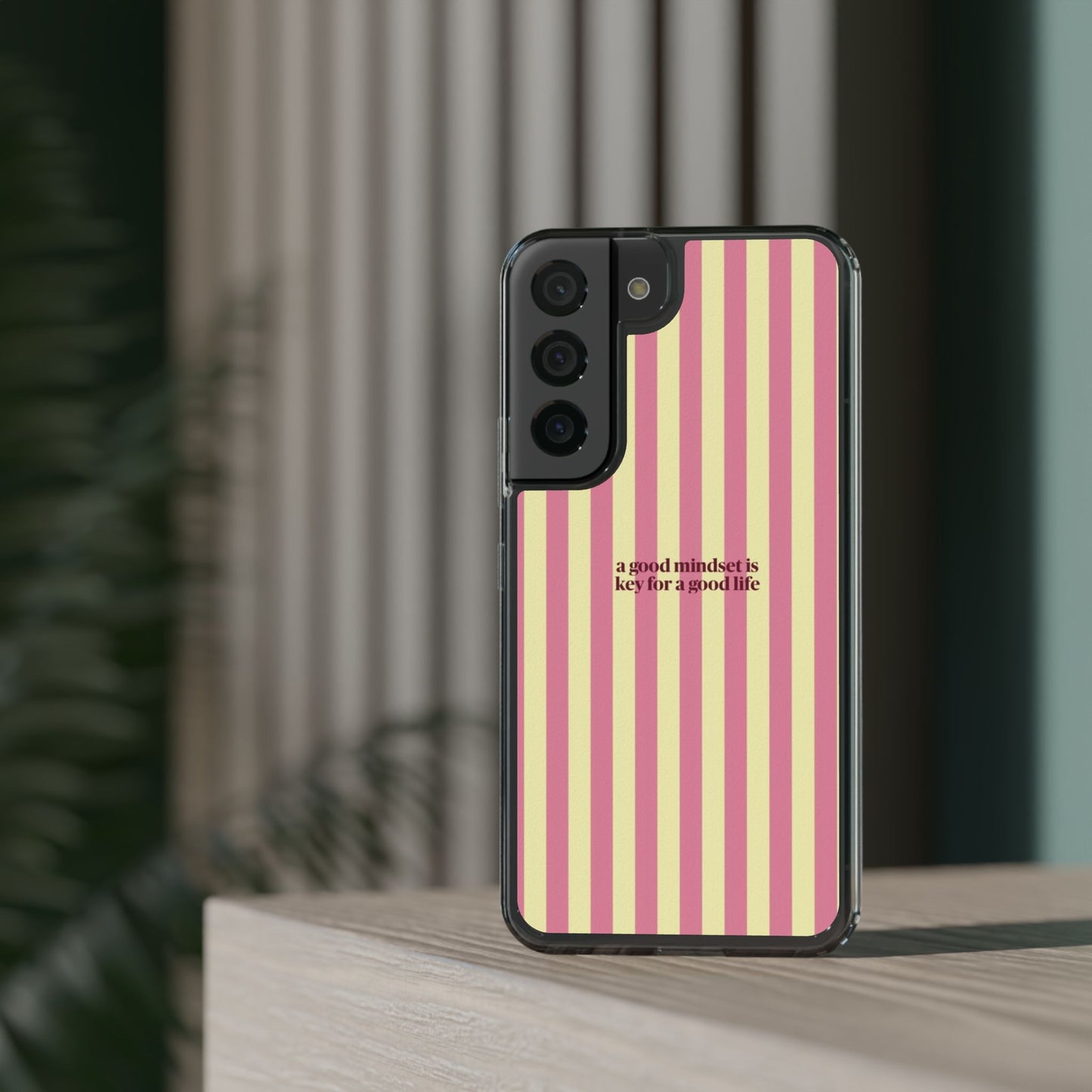 Striped Clear Phone Case — "A Good Mindset Is Key for a Good Life" Motivational iPhone Case