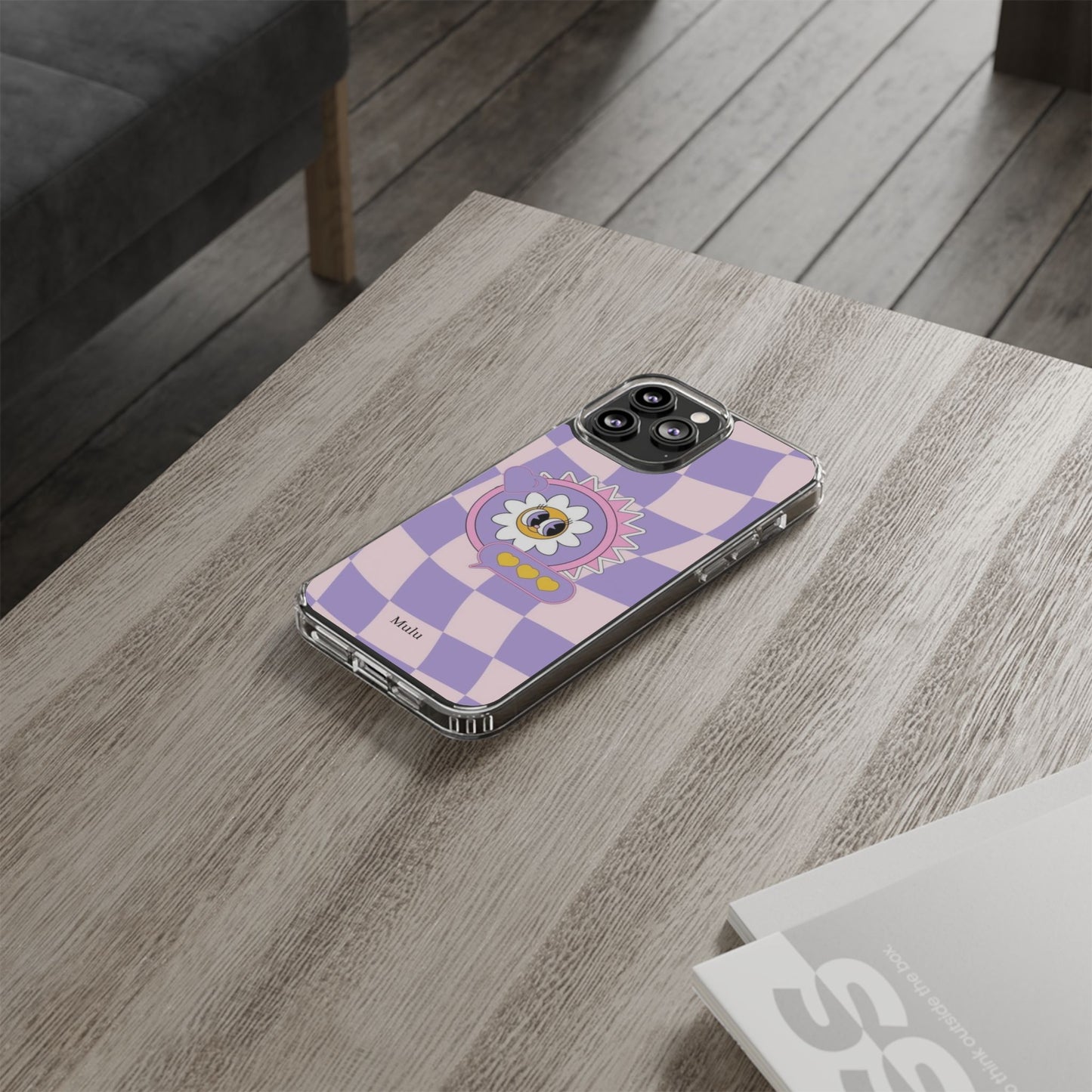 Clear Impact-Resistant Case — Cute Purple Checkerboard Dino with 'Mulu'