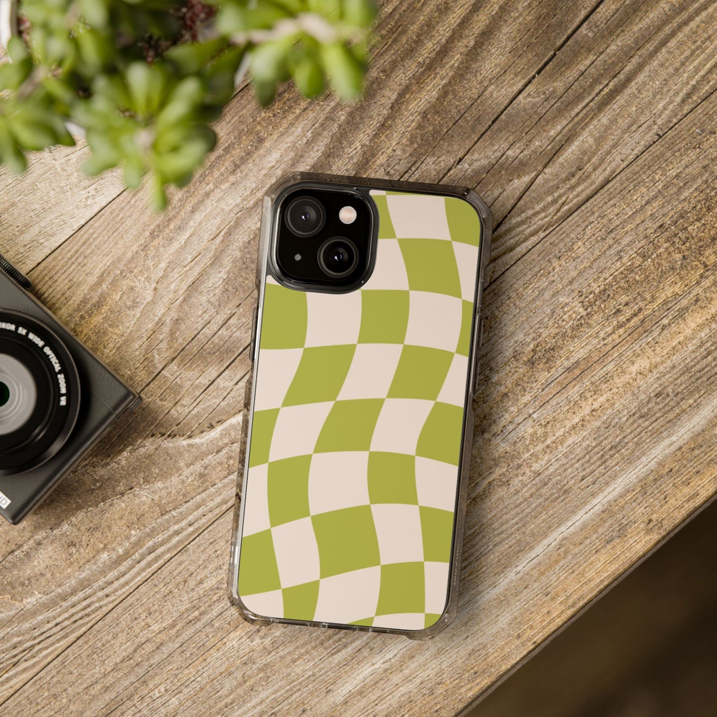 Clear Magnetic Phone Case — Olive Retro Check Pattern