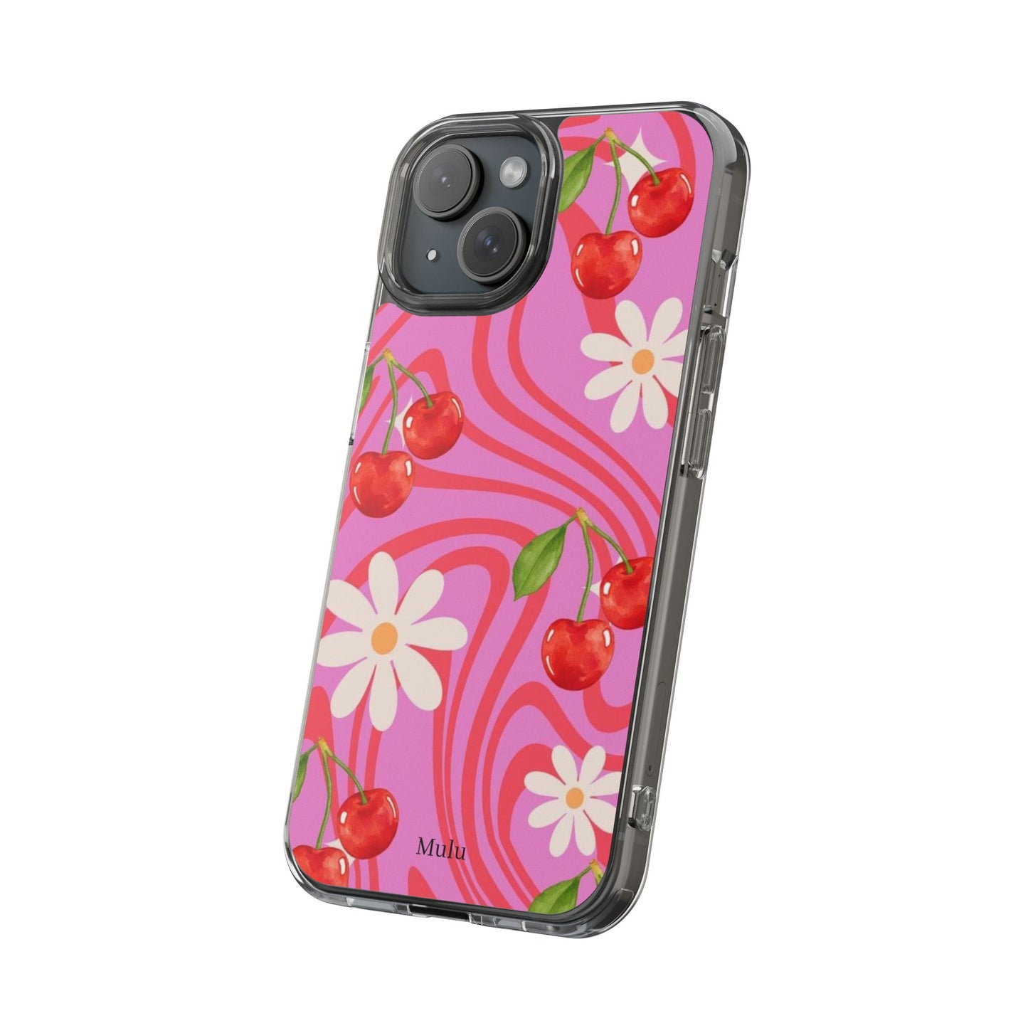 Clear Impact Phone Case — Retro Cherry & Daisy Floral Design