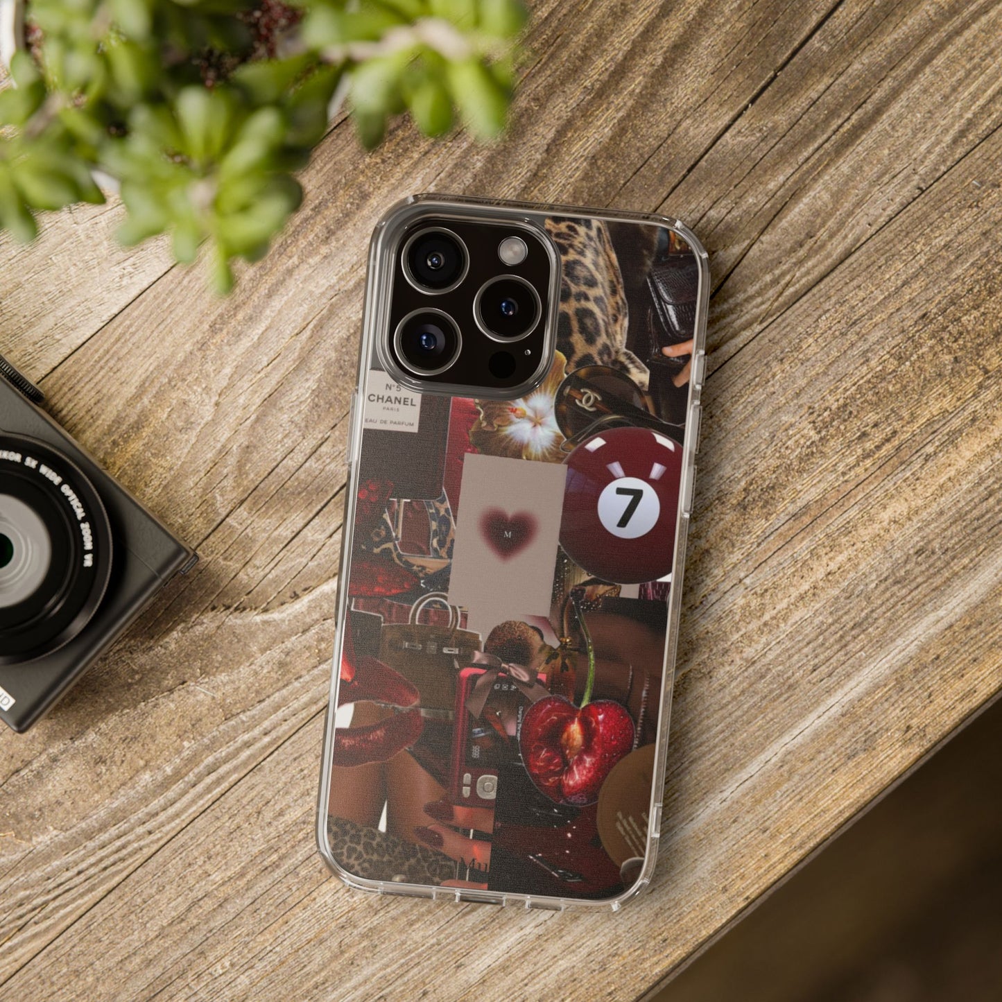 Clear Impact-Resistant Phone Case — Retro Cherry Collage Design