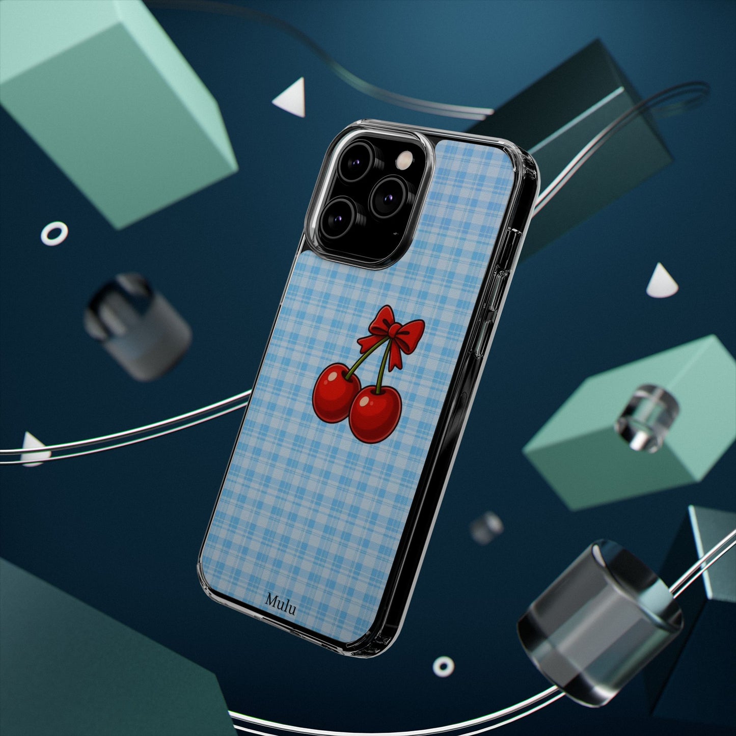 Clear Cherry Gingham Phone Case — Impact-Resistant Clear Case with Red Cherry Design